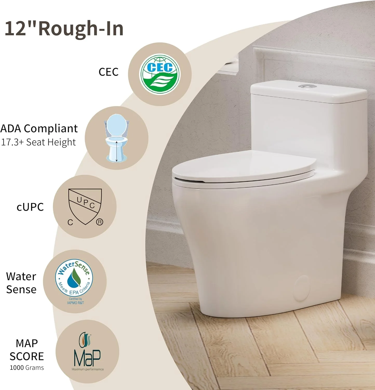 توالت فرنگی یک تکه جمع و جور، ارتفاع ADA 44 سانتی متر، توالت مدرن با صندلی راحت، دوال فلاش 0.8/1.28 GPF توالت فرنگی بیضی شکل برای حمام، MAP 1000 گرم، 12 اینچ Rough-In، سفید