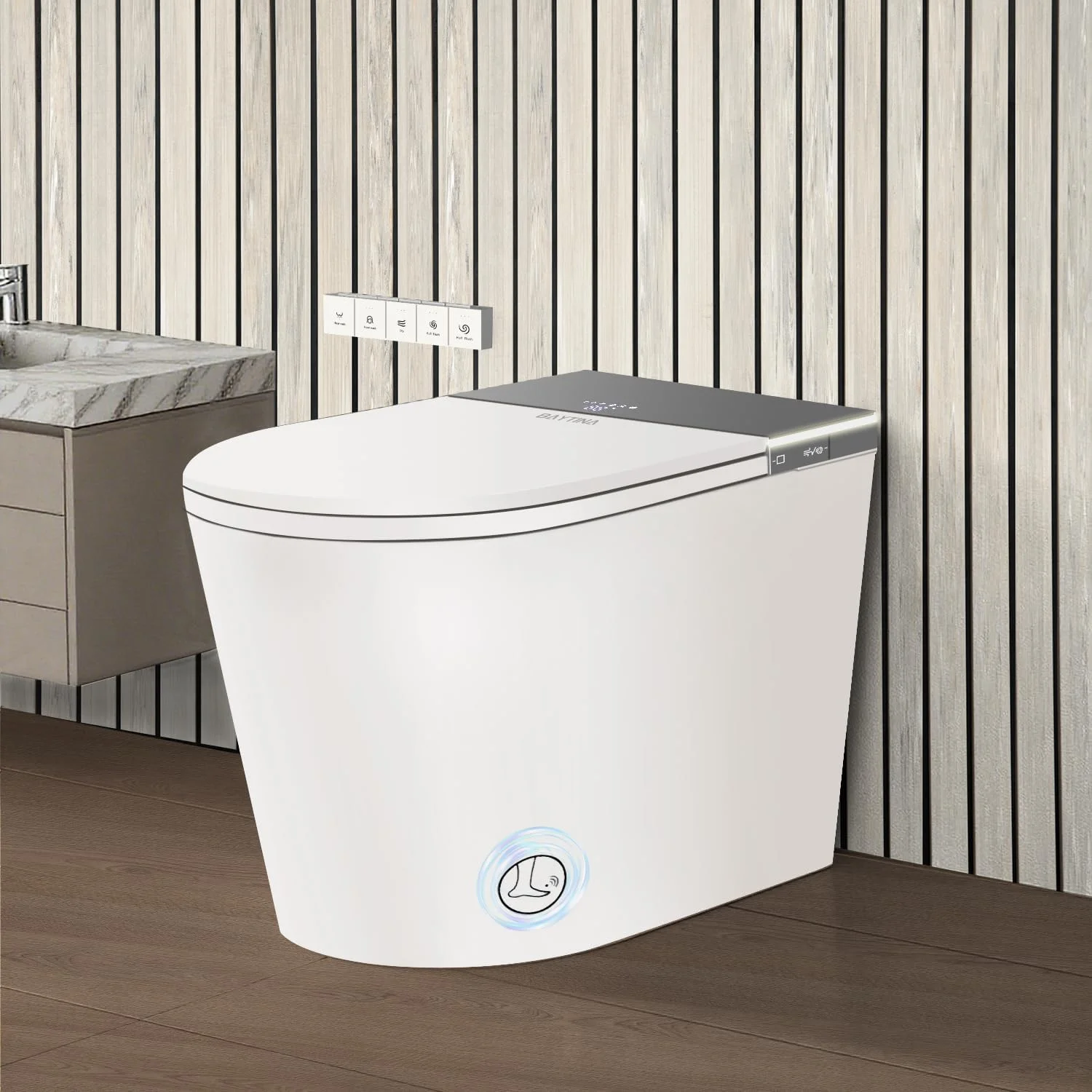 توالت هوشمند BAYTINA، توالت یکپارچه با بیده داخلی، توالت مدرن و کشیده با صندلی گرم شونده، آب گرم بیده، خشک کن، درب باز/بسته شدن خودکار، فلاش خودکار توالت، عملکرد سنسور پا توالت هوشمند BAYTINA، توالت یکپارچه با بیده داخلی، توالت مدرن و کشیده با صندلی گرم شونده، آب گرم بیده، خشک کن، درب باز/بسته شدن خودکار، فلاش خودکار توالت، عملکرد سنسور پا