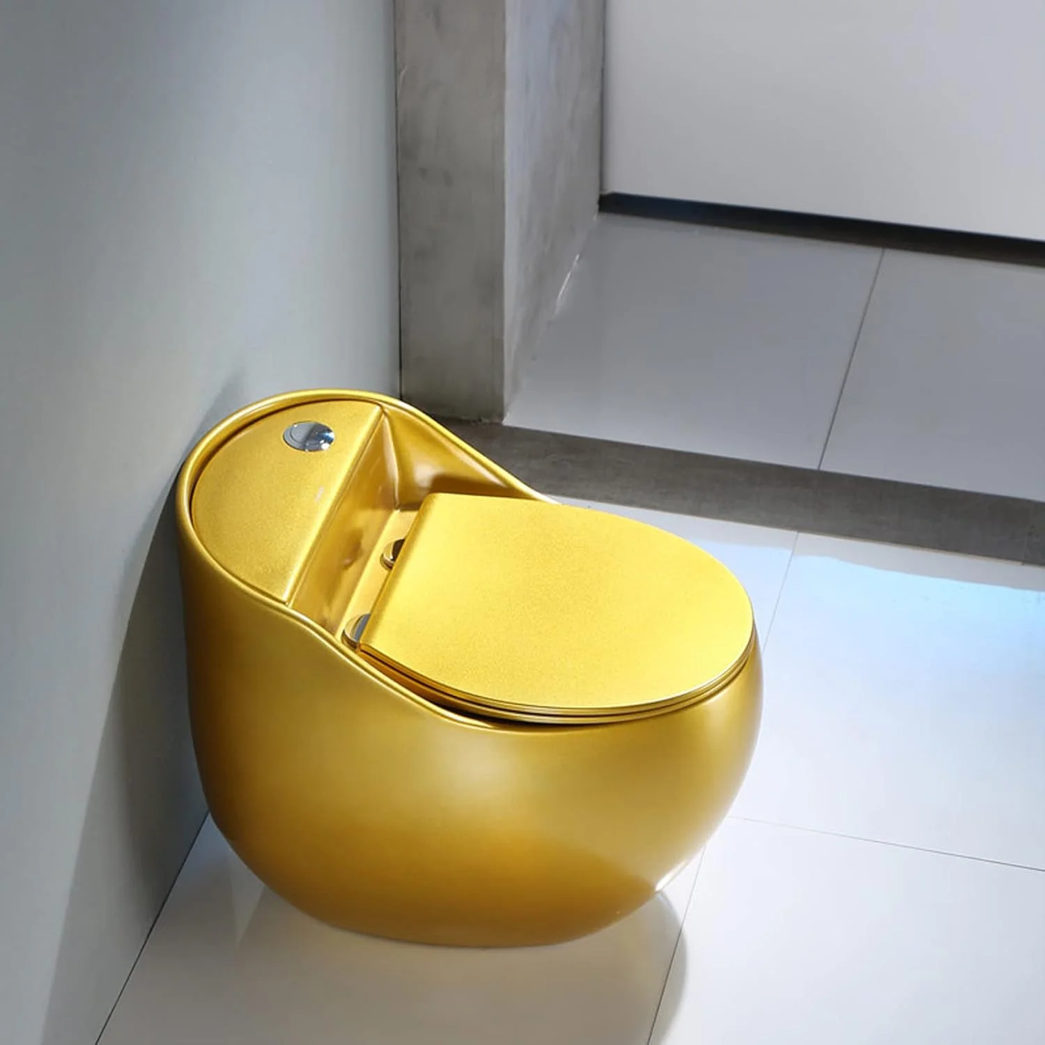 توالت تخم مرغی طلایی لوکس HIONRE، توالت یک تکه با طراحی خلاقانه و خاص، با ارتفاع نشیمن راحت و عملکرد جت سوپر اسپین سایفون، مناسب برای فضاهای کوچک منزل، 400 میلی متر
