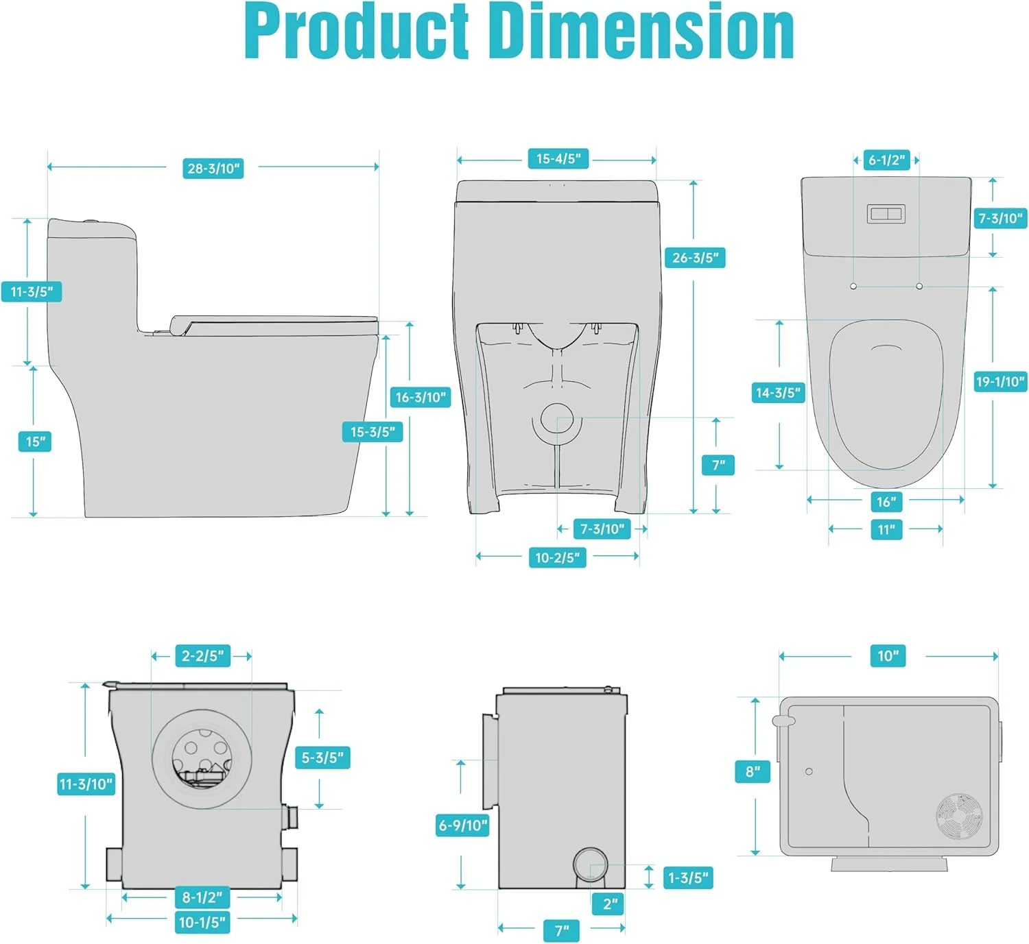 سیستم توالت خردکن یکپارچه SUPERFLO با پمپ خردکن توالت، توالت آپفلاش جمع و جور 600 واتی برای زیرزمین - 3 ورودی برای توالت خروجی عقب، سینک و دوش