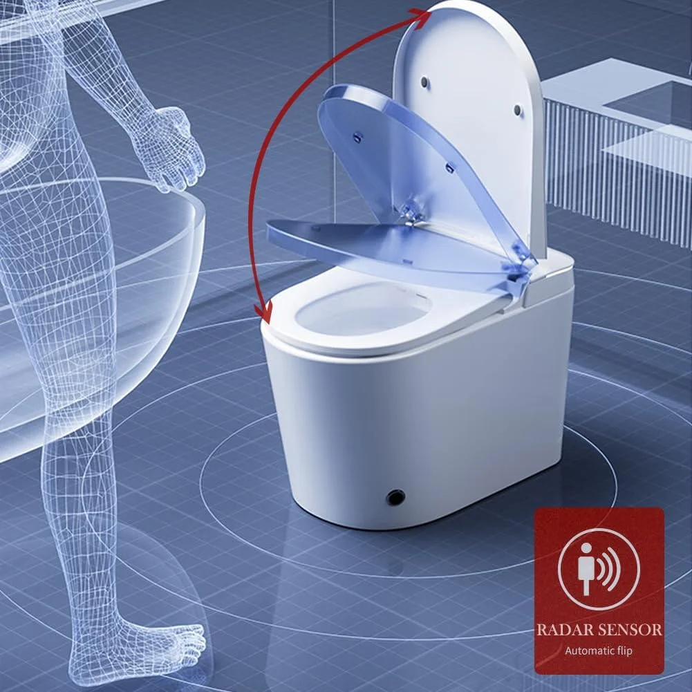 توالت هوشمند BONSAM با درب باز/بسته شدن خودکار و سپر فوم، توالت مدرن یک تکه بدون مخزن با بیده داخلی، صندلی گرم شونده، آب گرم، خشک کن هوای گرم، عملکرد سنسور پا. سفید