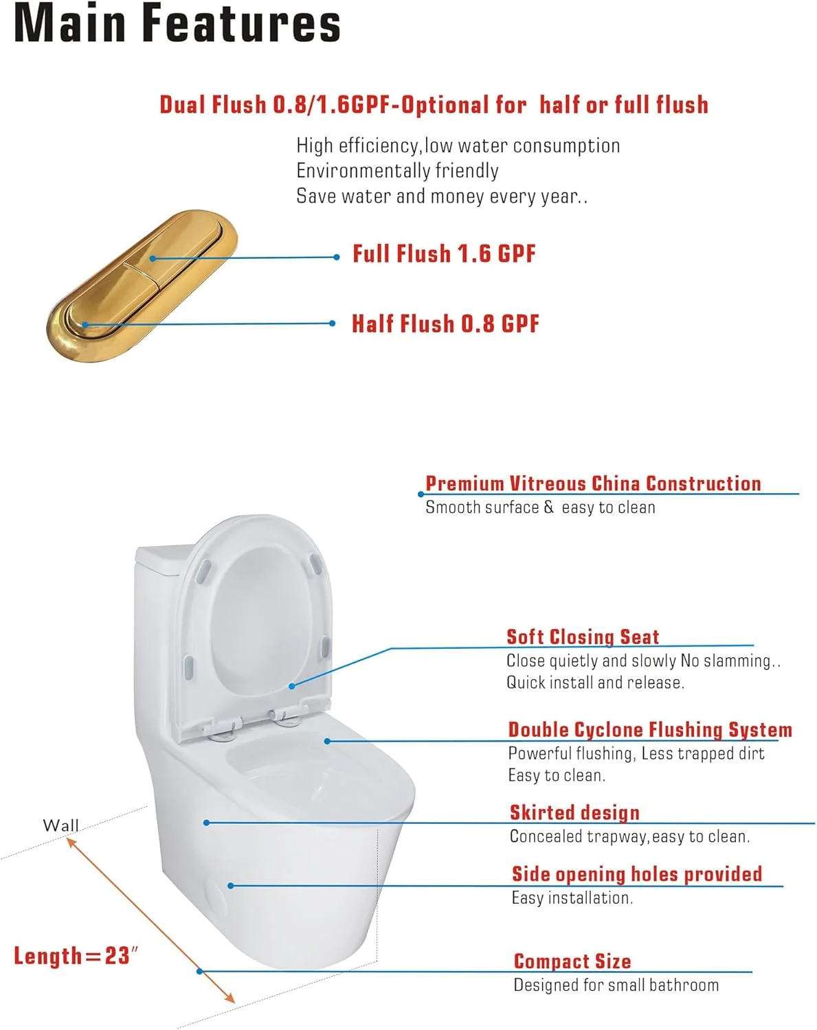 توالت فرنگی یک تکه کوچک وینزو 23 اینچی با دکمه طلایی، طراحی مدرن برای حمام باریک و جمع و جور، تخلیه از دیوار 30 سانتیمتر، سفید