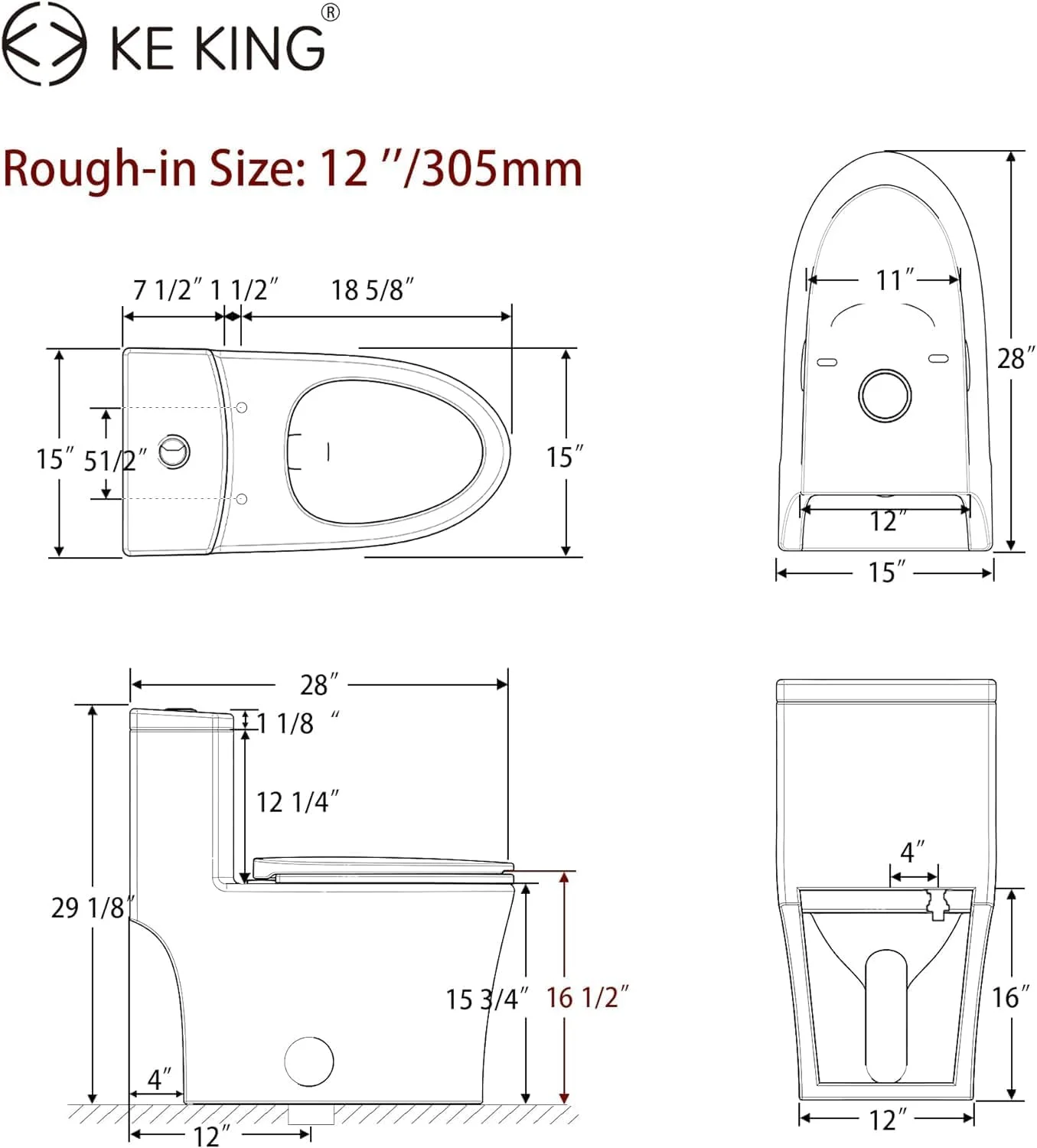 توالت فرنگی یک تکه کشیده، دامن کامل و طراحی شیک، توالت با فلاش دوگانه قدرتمند 0.8/1.28 GPF و MAP 1000g، توالت با ارتفاع راحت، سفید، 12 اینچ