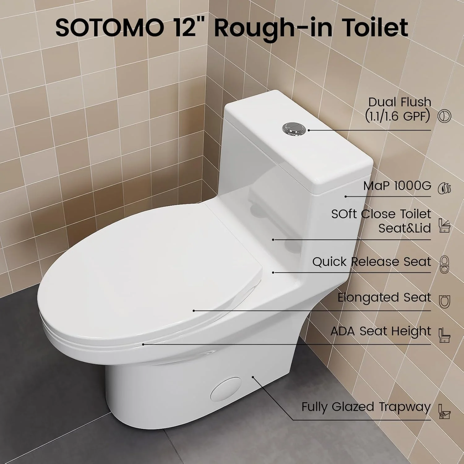 توالت یکپارچه SOTOMO K-0351DF، ارتفاع نشیمن راحت ADA 17.2 اینچ، فلاش دوگانه 1.1/1.6 GPF، توالت فشرده، درب آرام بند، 12 اینچ Rough-In، MAP 1000g برای حمام، توالت مدرن سفید دامن دار