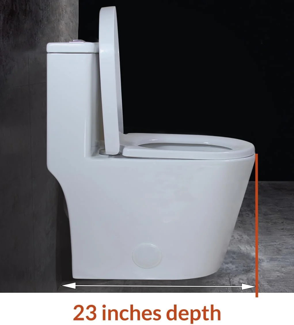 توالت فرنگی یک تکه کوچک WinZo WZ5089WB با دکمه فشاری مشکی و دو زمانه، طول 23 اینچ مناسب برای حمام های کوچک، سفید