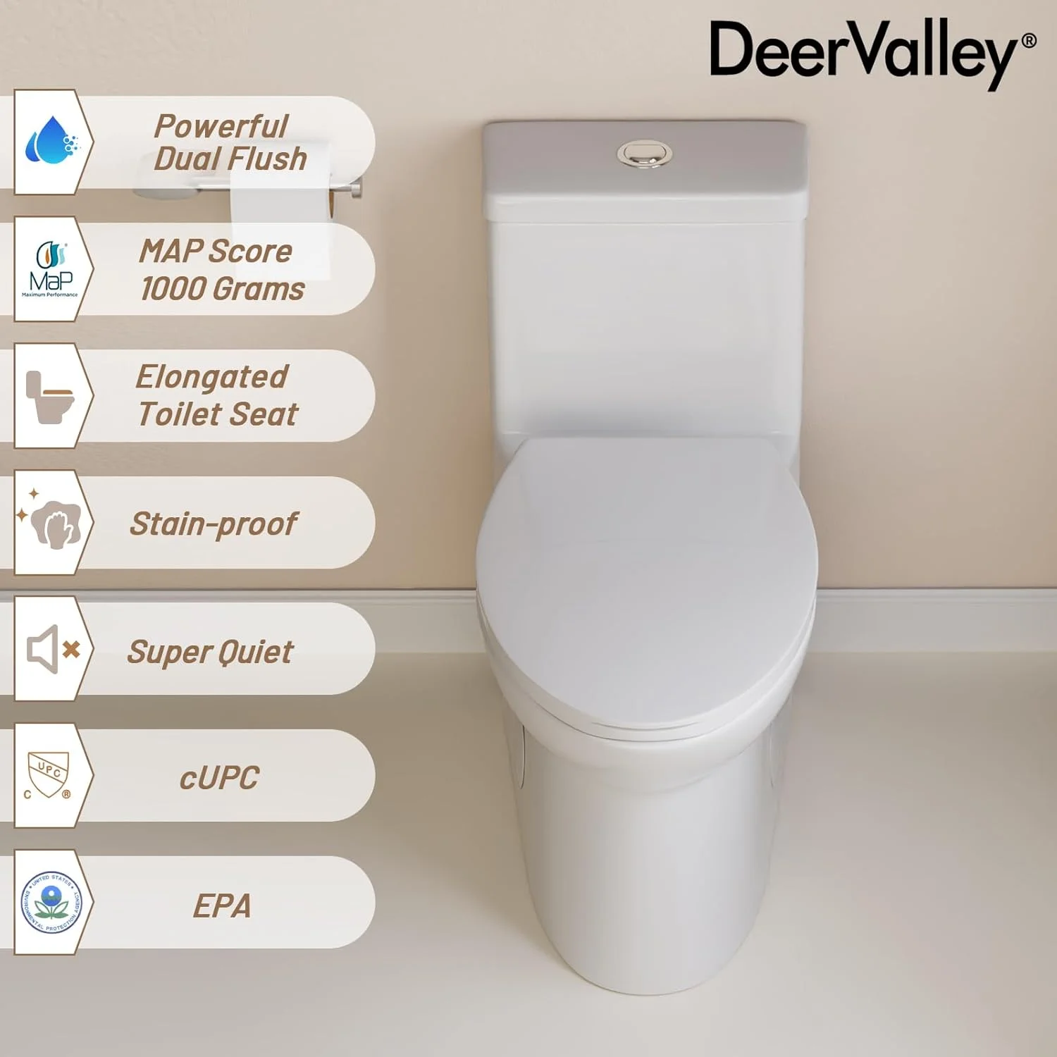 توالت فرنگی یک تکه مدرن DeerValley برای حمام، MAP 1000g، دو زمانه با حجم تخلیه 1.1/1.6 گالن در هر فلاش، توالت فرنگی بیضی شکل با درب آرام بند و راحت، راندمان بالا و صرفه جویی در فضا، فاصله 12 اینچ از دیوار