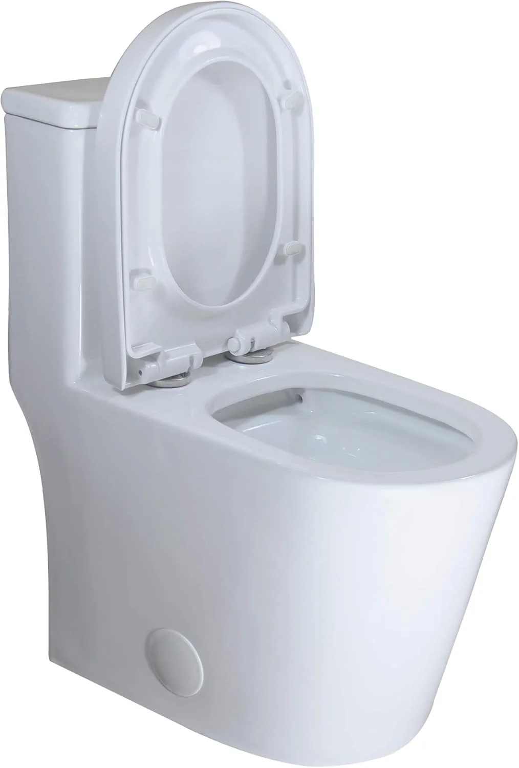 توالت فرنگی یک تکه کوچک WinZo WZ5089WB با دکمه فشاری مشکی و دو زمانه، طول 23 اینچ مناسب برای حمام های کوچک، سفید