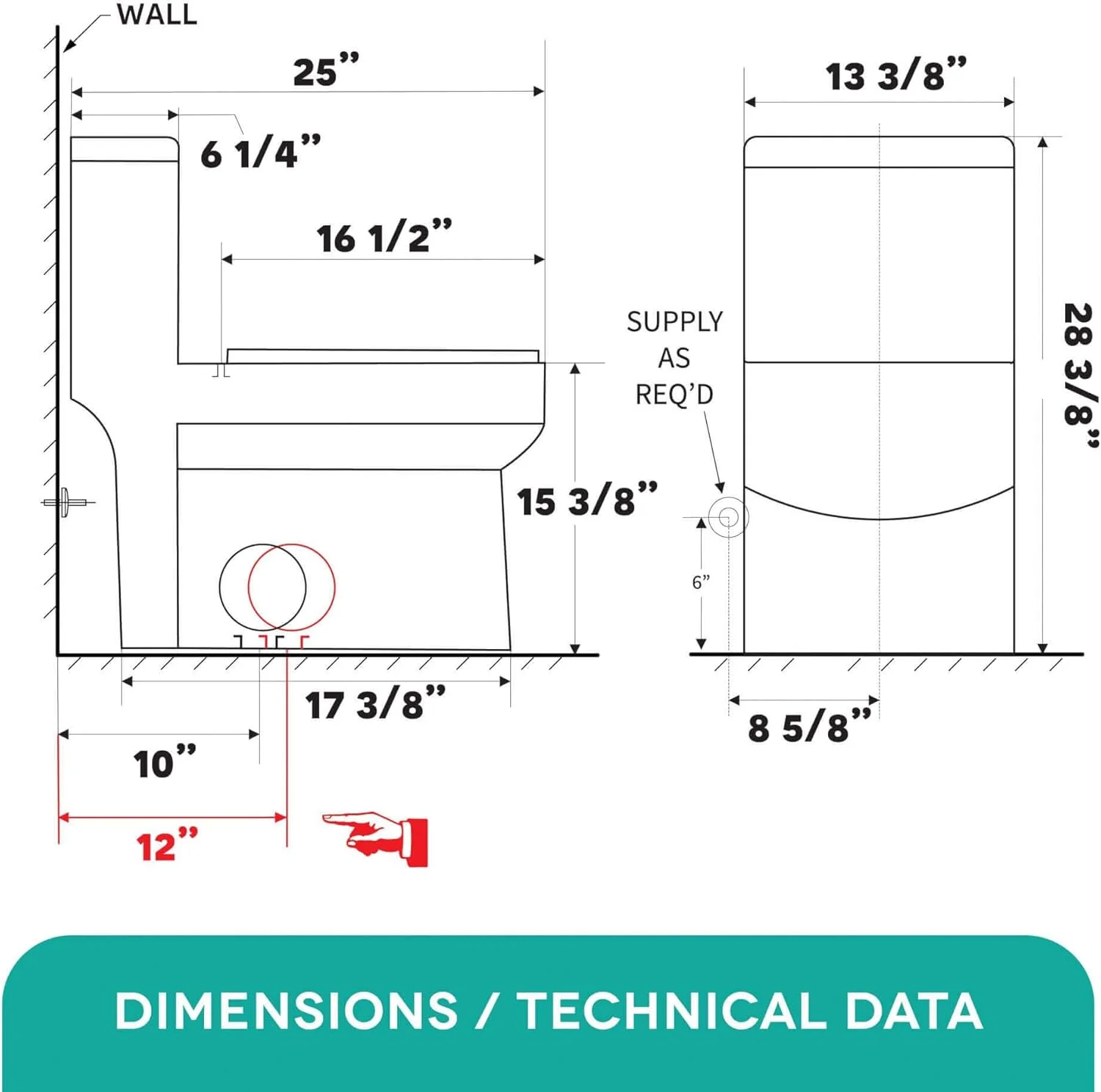 توالت یک تکه گرد دو زمانه فاین فیکچرز با فاصله 10 اینچی از دیوار (همراه با نشیمن)