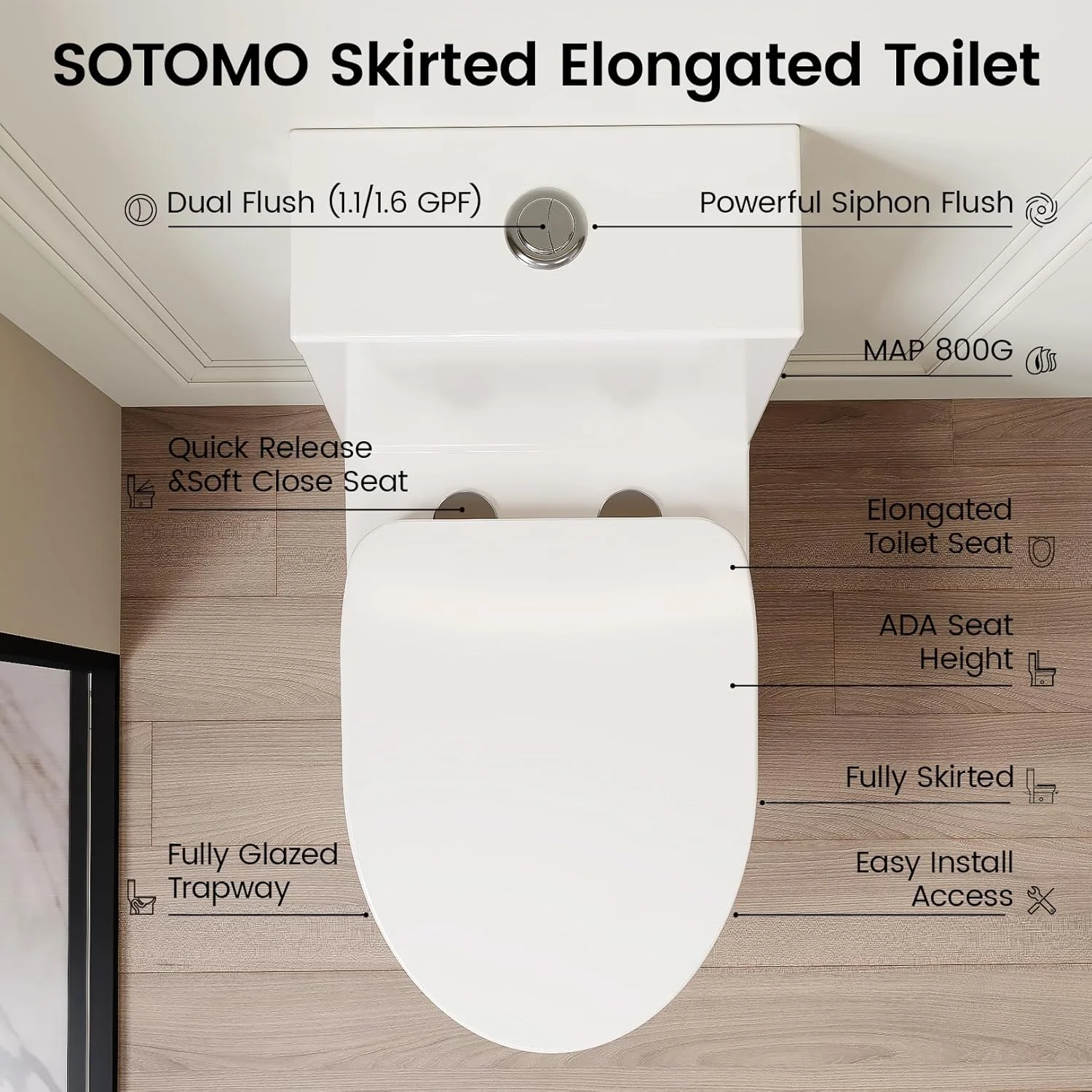 توالت یکپارچه فشرده مطابق با استاندارد ADA سوتومو، توالت فرنگی کشیده با فاصله 12 اینچ از دیوار، دارای درب آرام بند و سیستم تخلیه دوگانه 1.1/1.6 GPF با صرفه جویی در مصرف آب، توالت سفید مدرن برای حمام، مدل aMJ-T138