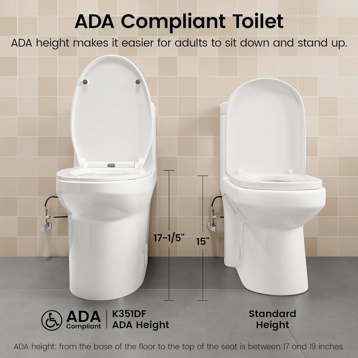 توالت یکپارچه SOTOMO K-0351DF، ارتفاع نشیمن راحت ADA 17.2 اینچ، فلاش دوگانه 1.1/1.6 GPF، توالت فشرده، درب آرام بند، 12 اینچ Rough-In، MAP 1000g برای حمام، توالت مدرن سفید دامن دار