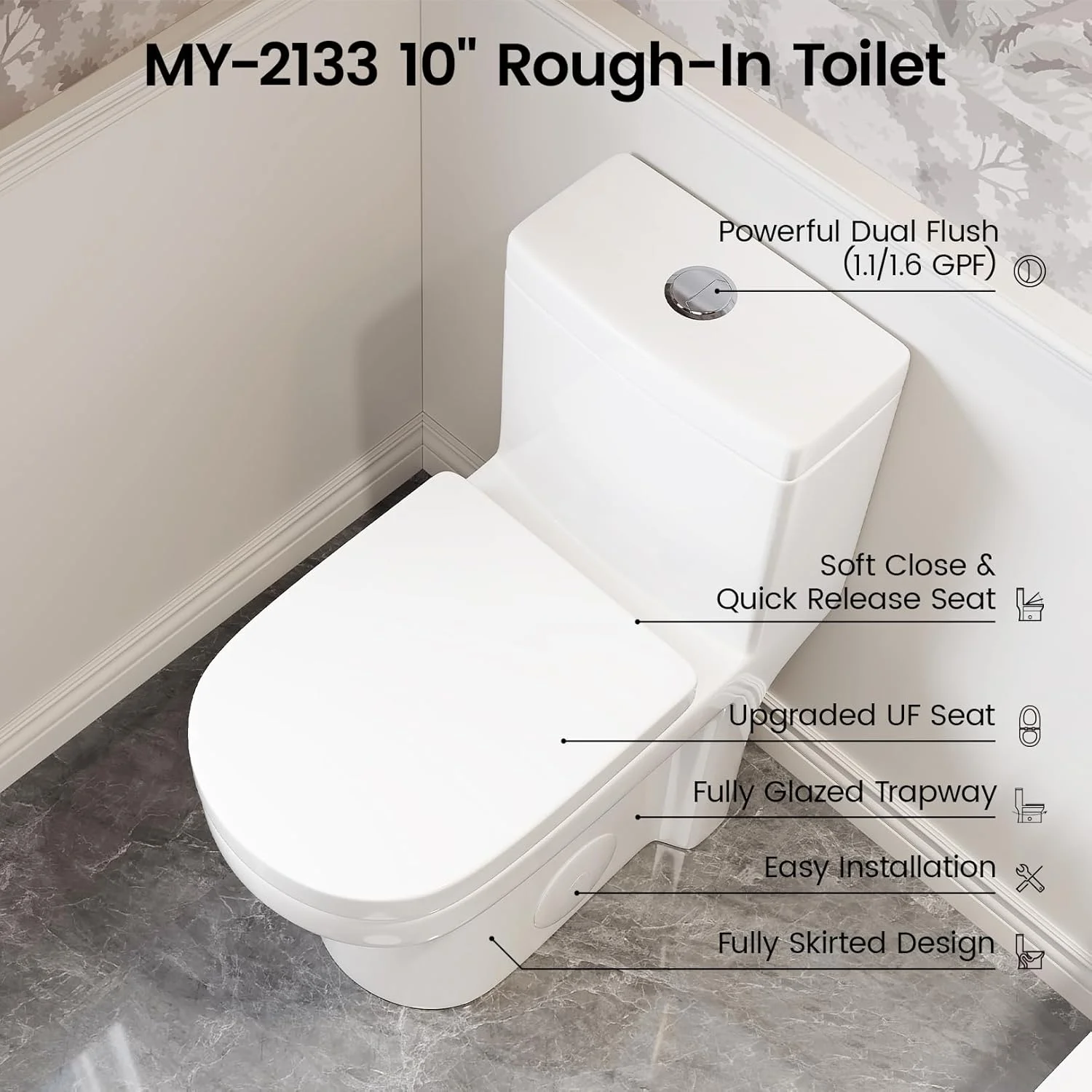 توالت فرنگی یک تکه جمع و جور برای حمام، توالت کوچک گرد دو زمانه قدرتمند و صرفه جویی در فضا، میانگین 1.28 GPF، توالت دامن دار با درب آرام بند و نرم UF ارتقا یافته (توالت با فاصله 10 اینچ از دیوار)