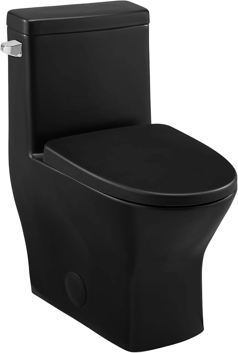 توالت فرنگی یک تکه سابلیم II با تخلیه از دیوار 30 سانتیمتری، حجم 4.8 لیتر، اهرم تخلیه چپ، کاسه گرد و فشرده، رنگ مشکی مات