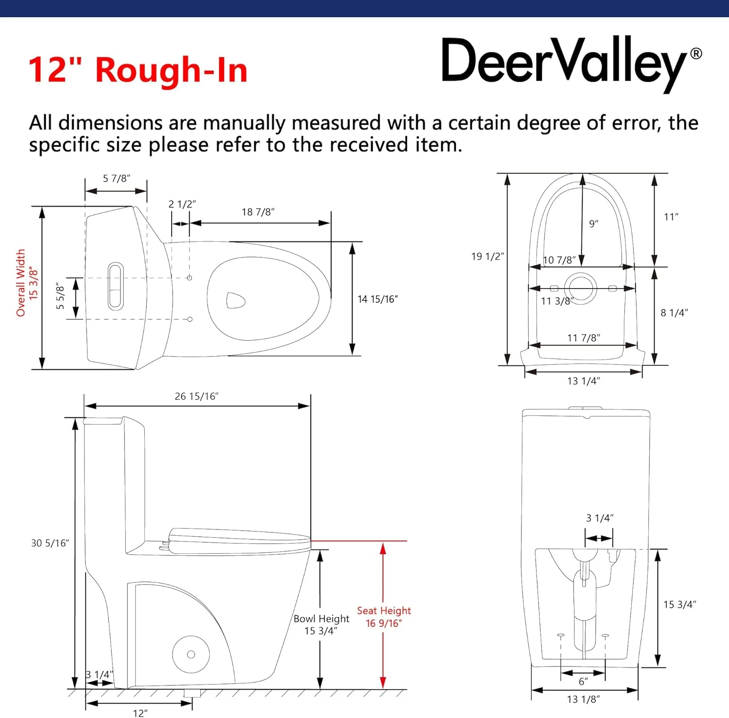 توالت Deer Valley، توالت یک تکه بیضی شکل برای حمام، ارتفاع صندلی راحت 17 اینچ، توالت با فلاش دوگانه قدرتمند 1.1/1.6 GPF و MAP 900g، کاسه توالت با فاصله 12 اینچ از دیوار