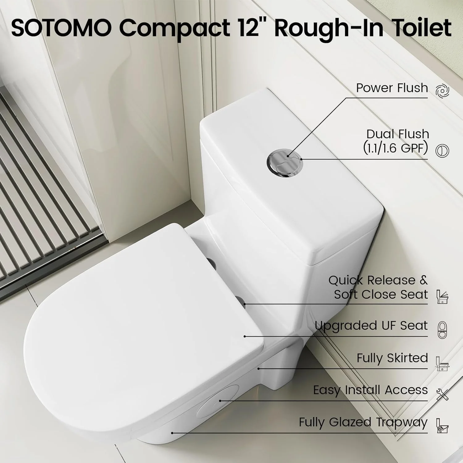 توالت فرنگی یک تکه کوچک SOTOMO با درب آرام بند، توالت مدرن با فاصله 30 سانتیمتری از دیوار برای حمام، MY-2133