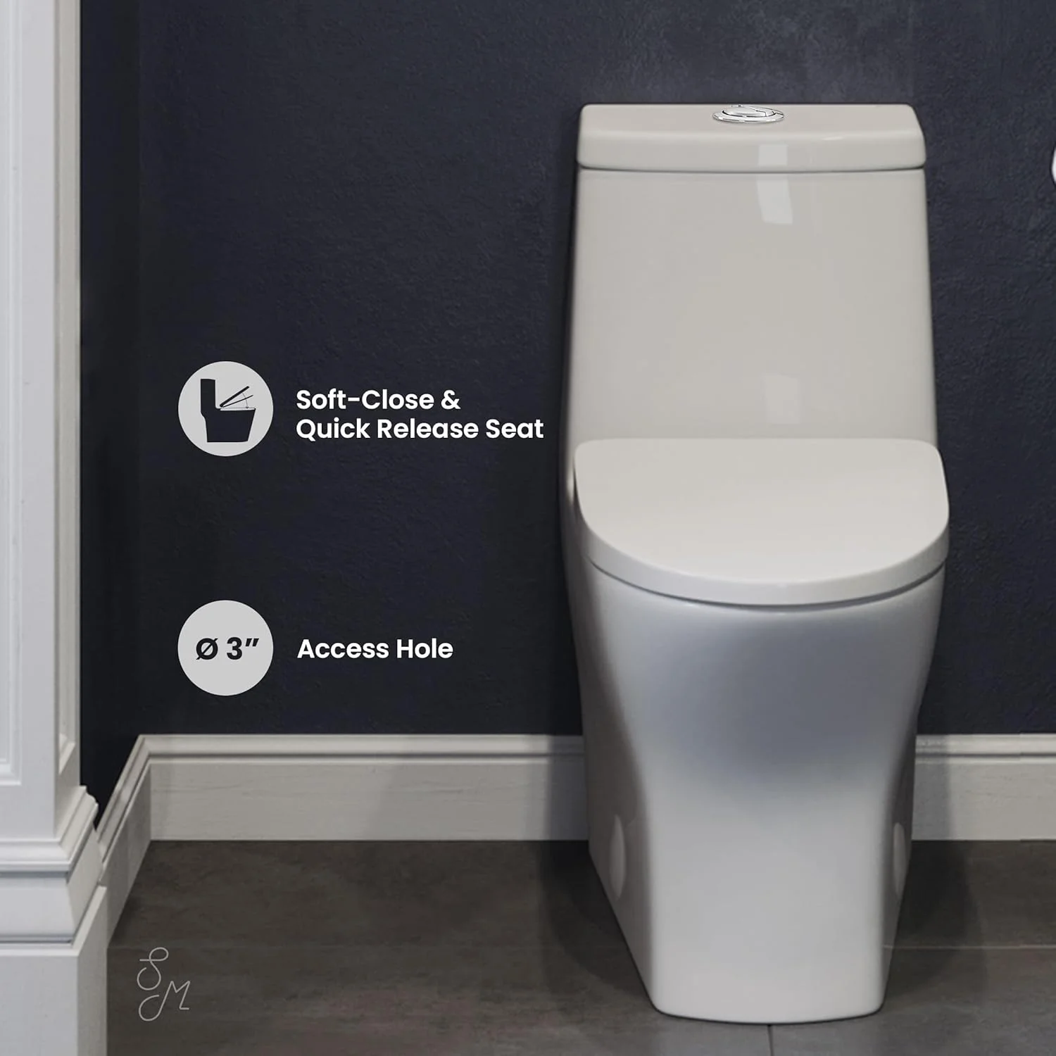 توالت فرنگی یک تکه گرد سوئیس مدیسون مدل Sublime II SM-1T277، با فاصله 10 اینچ از دیوار و حجم تخلیه 1.1/1.6 گالن