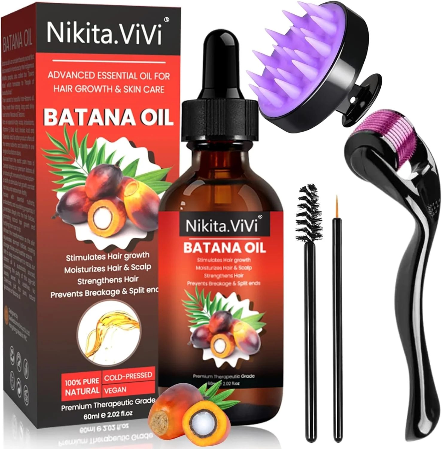 روغن باتانا NIKITA.VIVI برای رشد مو به همراه میکرونیدل رولر و ماساژور پوست سر (60 میلی لیتر)، روغن باتانا خام ارگانیک پرس سرد 100% خالص برای رشد مو، ابرو، مژه و ریش