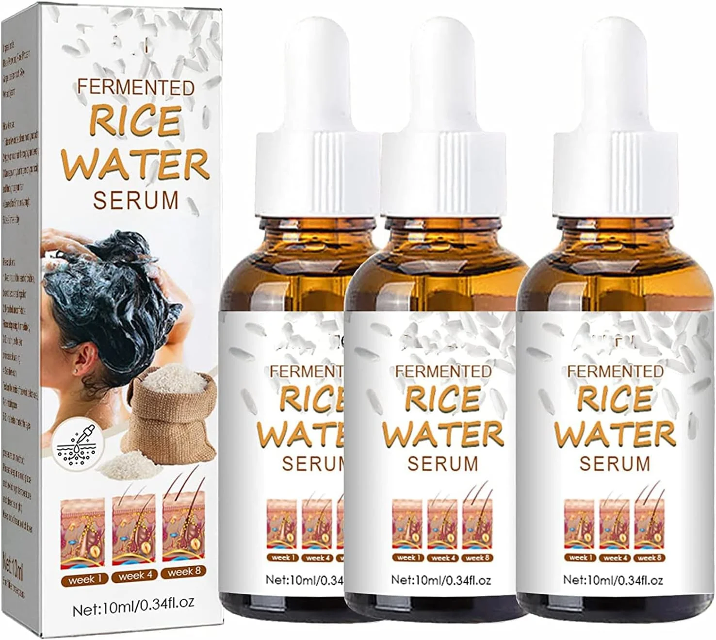 سرم آب برنج تخمیر شده طبیعی و ارگانیک برای رشد مو، اسانس ضد ریزش مو، 10 میلی لیتر (3 عدد)