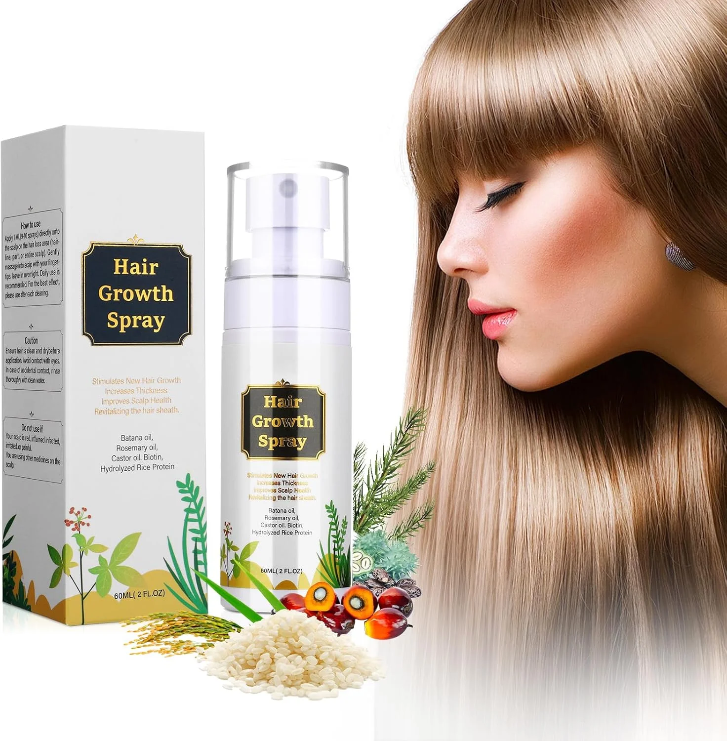 اسپری روغن تقویت کننده طبیعی مو حاوی روغن باتانا، روغن رزماری، روغن کرچک، آب برنج، بیوتین و کافئین برای موهای نازک و کم پشت، سرم ضخیم کننده برای مراقبت از موی سر 60 میلی لیتر اسپری روغن تقویت کننده طبیعی مو حاوی روغن باتانا، روغن رزماری، روغن کرچک، آب برنج، بیوتین و کافئین برای موهای نازک و کم پشت، سرم ضخیم کننده برای مراقبت از موی سر 60 میلی لیتر