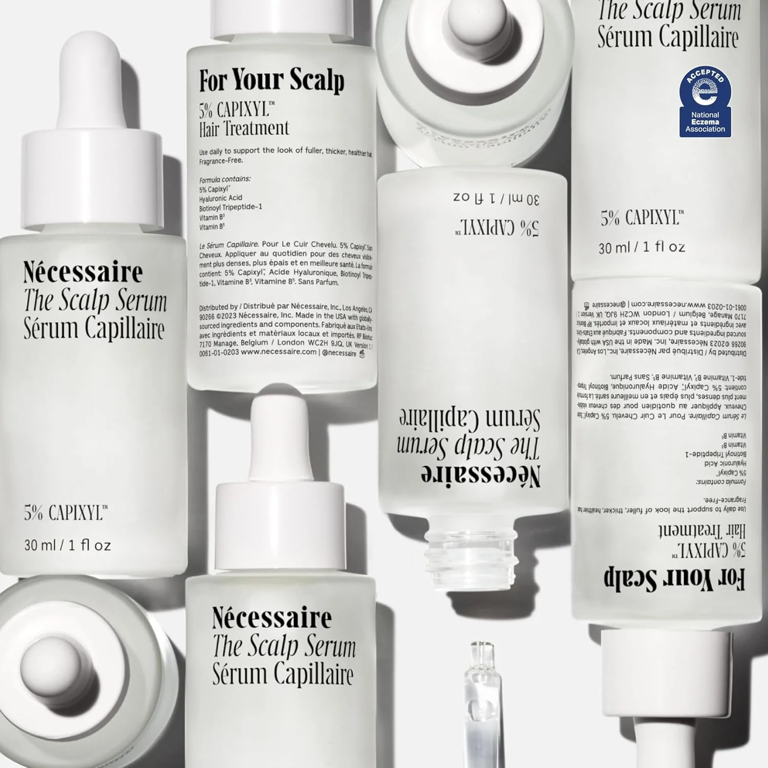 سرم پوست سر Nécessaire - حاوی 5% Capixyl™ برای موهایی ضخیم‌تر، پرپشت‌تر و سالم‌تر. تست شده توسط متخصص پوست. غیر کومدون زا. ضد حساسیت. مناسب برای اگزما. 30 میلی لیتر / 1 اونس مایع.