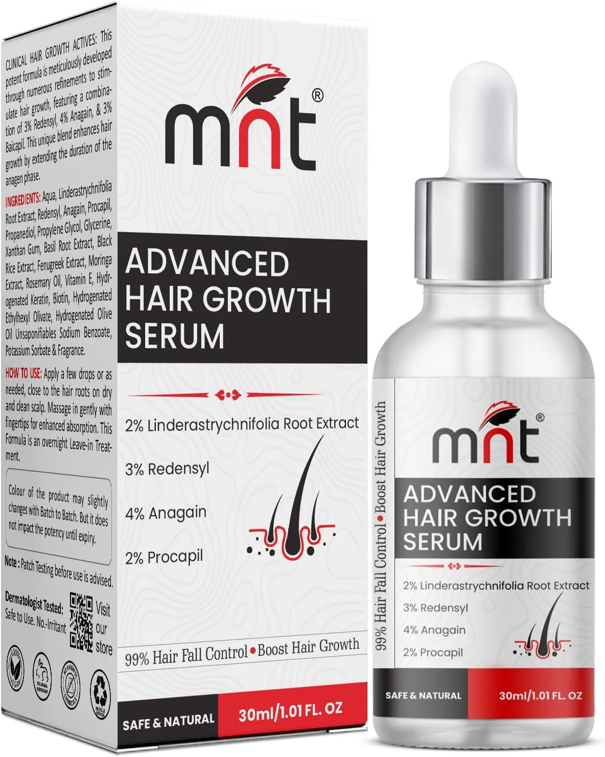 سرم پیشرفته رشد مو MNT حاوی 2% Lindera Strychnifolia، 3% Redensyl، 4% Anagain و 2% Procapil | سرم رشد مو برای پوست سر | سرم رشد مو برای زنان و مردان | 30 میلی لیتر