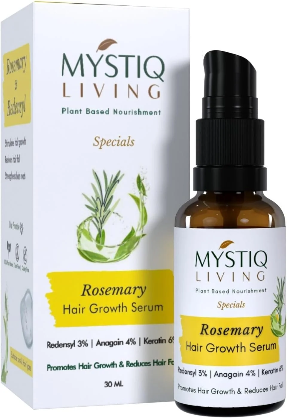 سرم رشد مو رزماری Mystiq Living برای پوست سر با 3% Redensyl، 4% Anagain، 6% کراتین - 30 میلی لیتر | سرم پیشرفته رشد مو برای کنترل ریزش مو | برای آقایان و بانوان