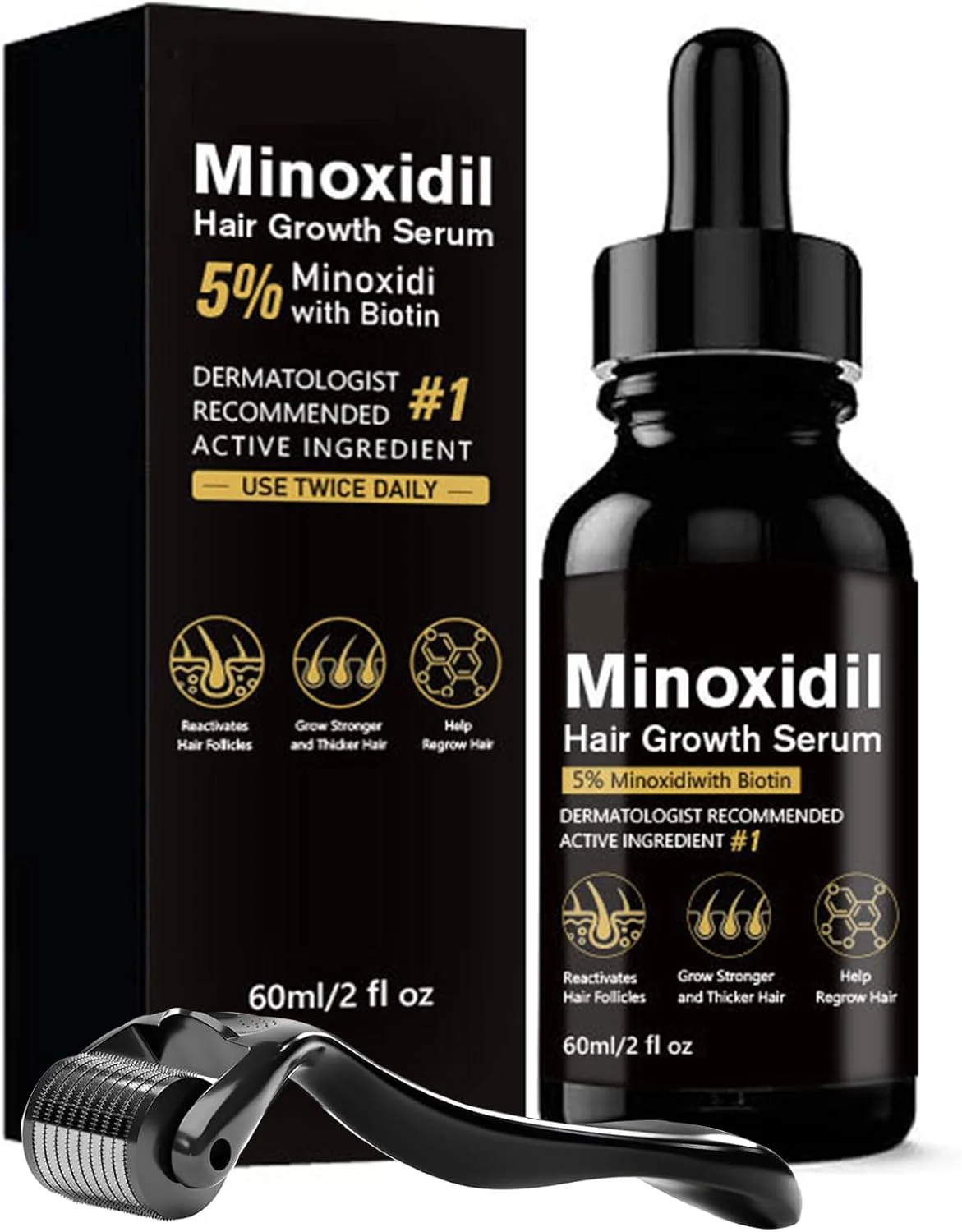 محلول ماینوکسیدیل 5% برای موی آقایان، سرم رشد موی ماینوکسیدیل برای رشد موی خانم ها، رشد ریش آقایان، درمان ریزش مو به همراه قطره چکان و ابزار ماساژ