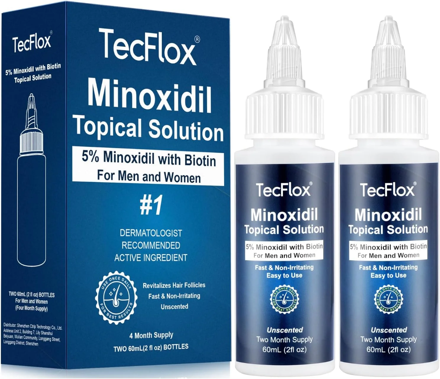 محلول ماینوکسیدیل 5% TecFlox به همراه بیوتین برای آقایان و بانوان، روغن رشد ریش، سرم رشد مو، مناسب برای هر دو جنس، بسته 2 عددی، مجموعا 120 میلی لیتر برای 4 ماه