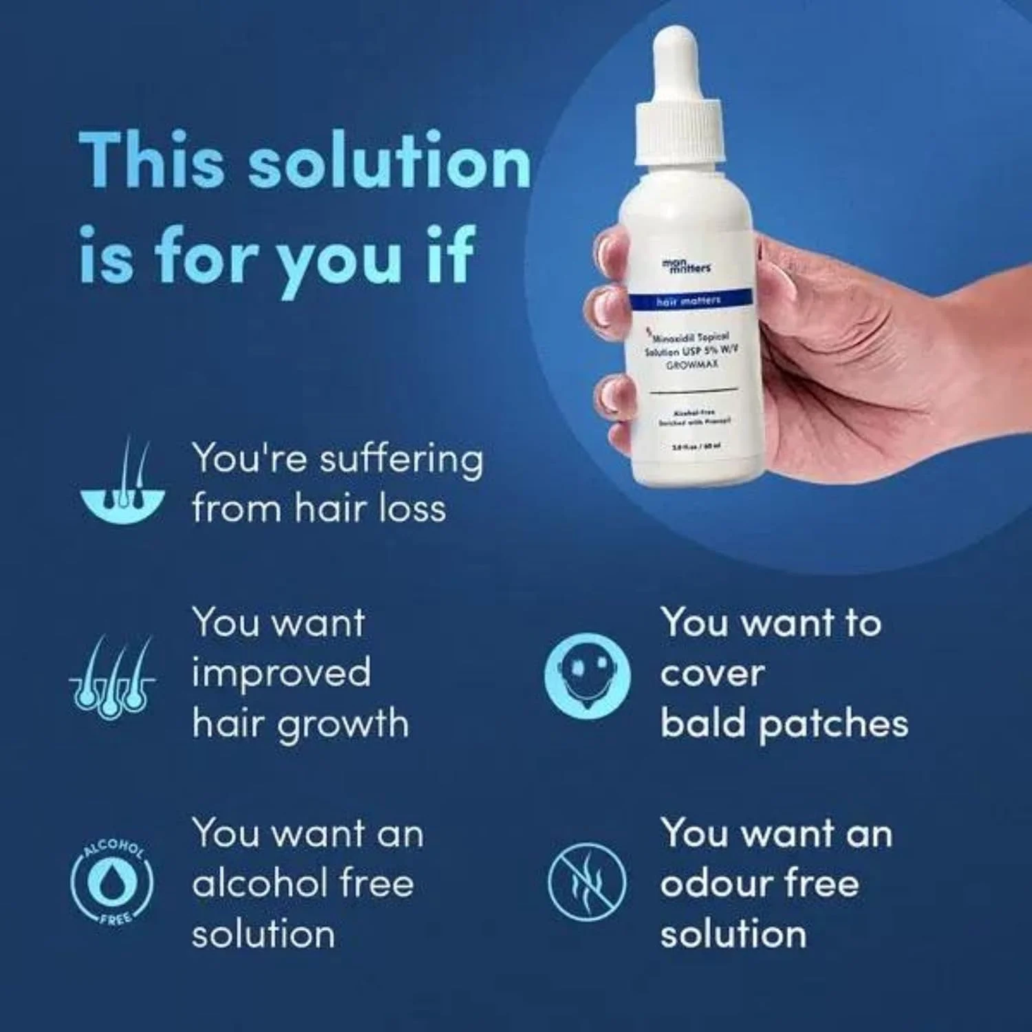 محلول ماینوکسیدیل آقایان Man Matters، محلول سرم رشد مو 5% | جلوگیری از ریزش و نازک شدن مو | فعال کننده مجدد فولیکول های مو و رشد مو | فاقد الکل | غیر چسبنده | بدون بو | مناسب انواع مو | 60 میلی لیتر