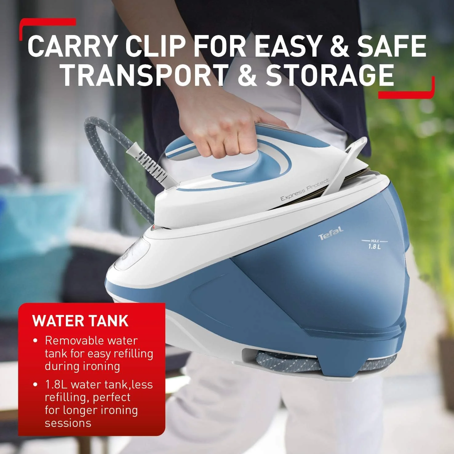 اتو بخار مخزن دار تفال، 2800 وات، بخار لحظه ای 520 گرم در دقیقه، فشار 7.5 بار، Express Protect، سفید و آبی، SV9202 اتو بخار مخزن دار تفال، 2800 وات، بخار لحظه ای 520 گرم در دقیقه، فشار 7.5 بار، Express Protect، سفید و آبی، SV9202