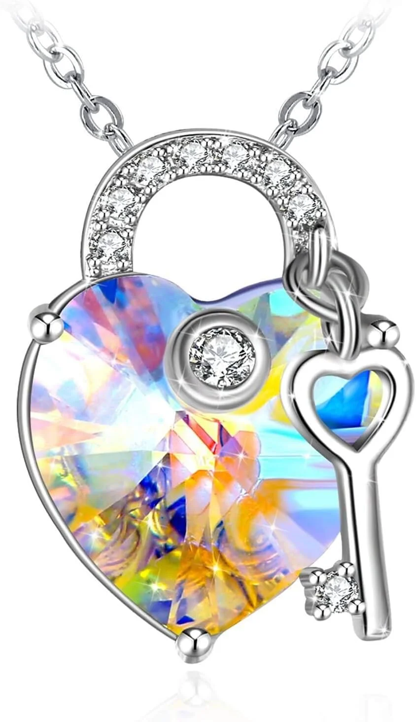 گردنبند آویز کلید قلب نگین سواروسکی نقره استرلینگ 925 جیروز، زیورآلات مد روز زنانه هدیه ای برای دختران