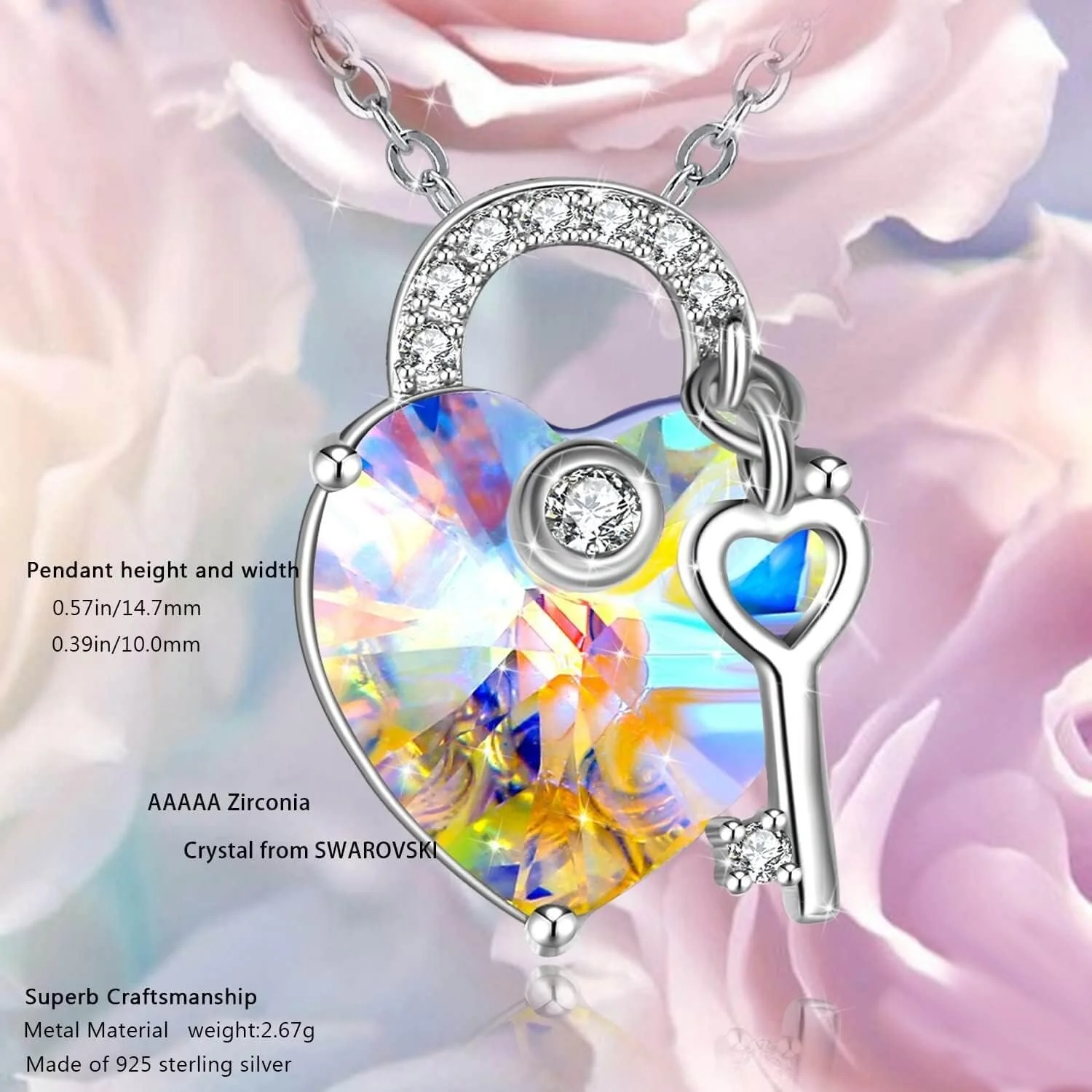 گردنبند آویز کلید قلب نگین سواروسکی نقره استرلینگ 925 جیروز، زیورآلات مد روز زنانه هدیه ای برای دختران