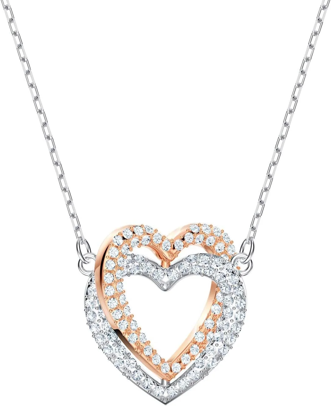 گردنبند آویز قلب دوتایی نقره ای و رزگلد با کریستال جواهرات مد روز J.Rosée مدل JR-1301، مناسب هدیه برای بانوان