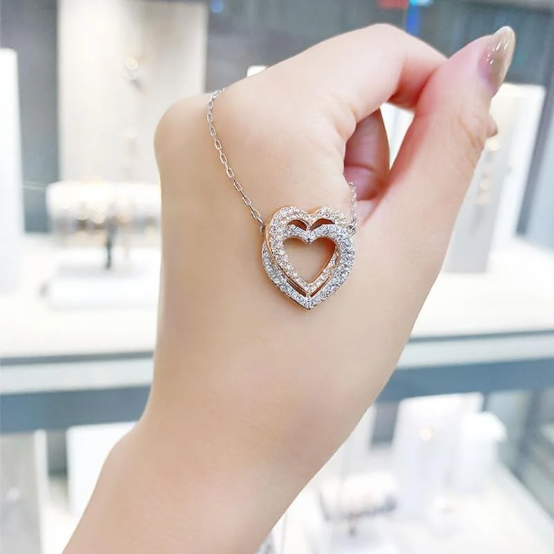 گردنبند آویز قلب دوتایی نقره ای و رزگلد با کریستال جواهرات مد روز J.Rosée مدل JR-1301، مناسب هدیه برای بانوان گردنبند آویز قلب دوتایی نقره ای و رزگلد با کریستال جواهرات مد روز J.Rosée مدل JR-1301، مناسب هدیه برای بانوان