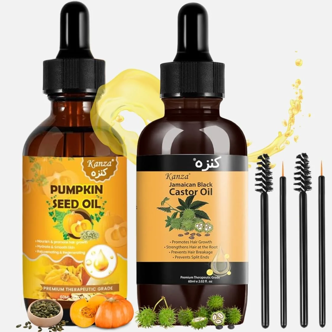 کانزا - روغن دانه کدو تنبل و روغن کرچک برای رشد مو (60ml*2) | سرم رشد مو | روغن کرچک ارگانیک پرس سرد | سرم روغن دانه کدو تنبل ارگانیک برای رشد مو | سرم مژه | مناسب برای انواع پوست