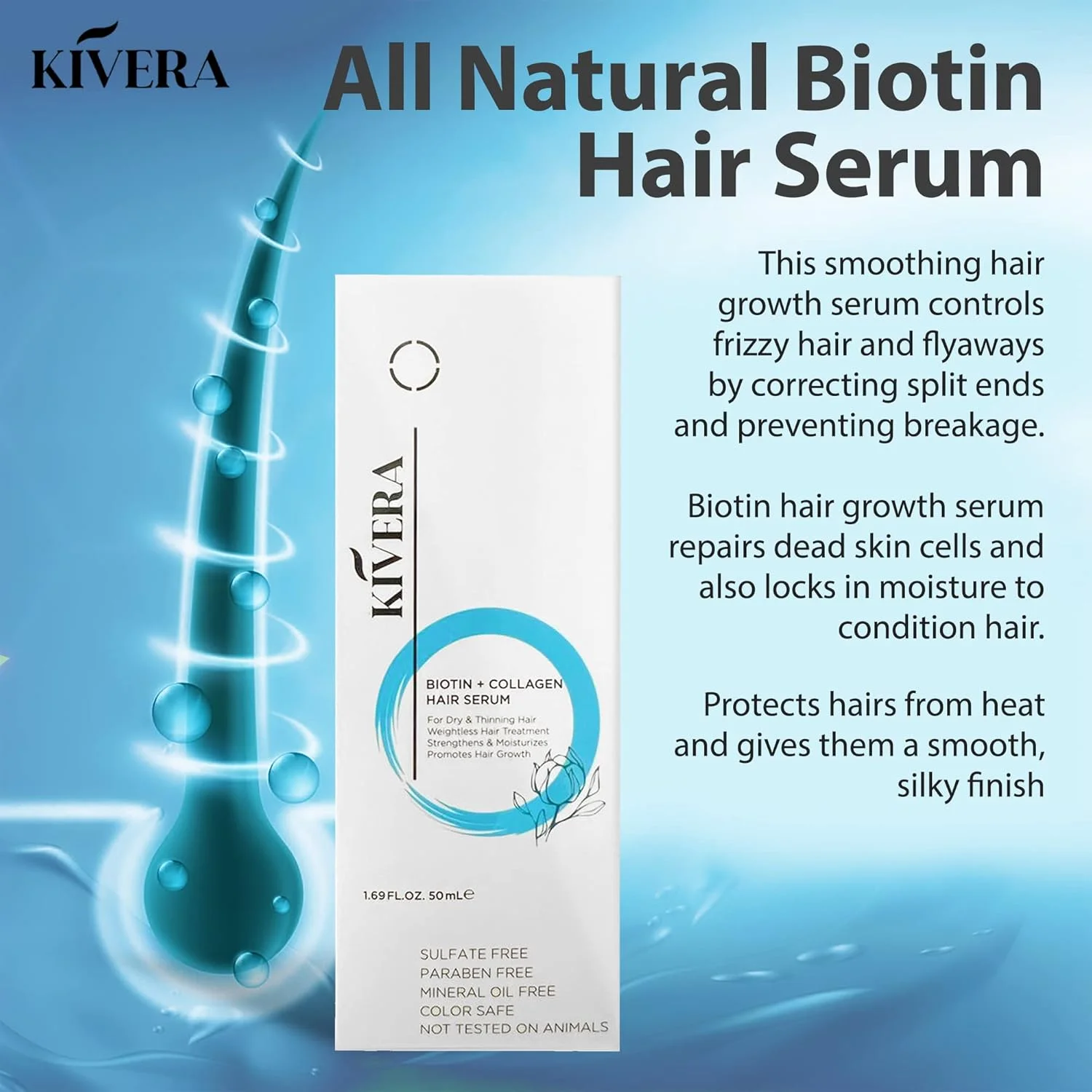 سرم مو بیوتین + کلاژن KIVERA - کاملا طبیعی، روغن رزماری و آرگان، بدون پارابن و سولفات، 1 عدد سرم مو بیوتین + کلاژن KIVERA - کاملا طبیعی، روغن رزماری و آرگان، بدون پارابن و سولفات، 1 عدد