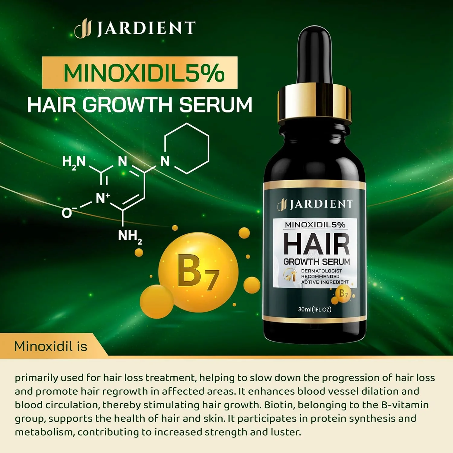 سرم موضعی %5 ماینوکسیدیل Jardient برای آقایان و بانوان: روغن رشد مو حاوی مونوکسید، بیوتین، کیت رشد ریش - سرم ماینوکسیدیل - 30 میلی لیتر - جلوگیری از ریزش مو، درمان رشد مجدد