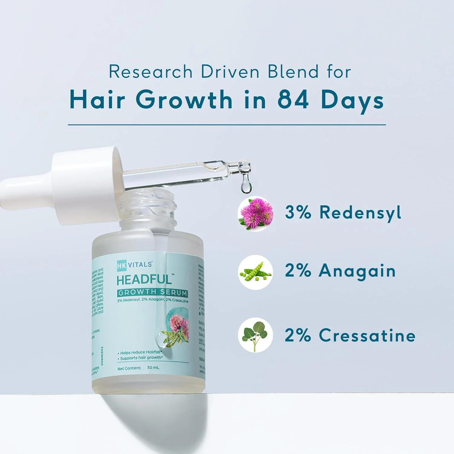 سرم رشد مو هِلت کارت اچ کی ویتالز حاوی 3% Redensyl، 2% Anagain و 2% Cressatine، برای رشد و تقویت مو، تست شده توسط متخصصین پوست، 30 میلی لیتر، 30 گرم