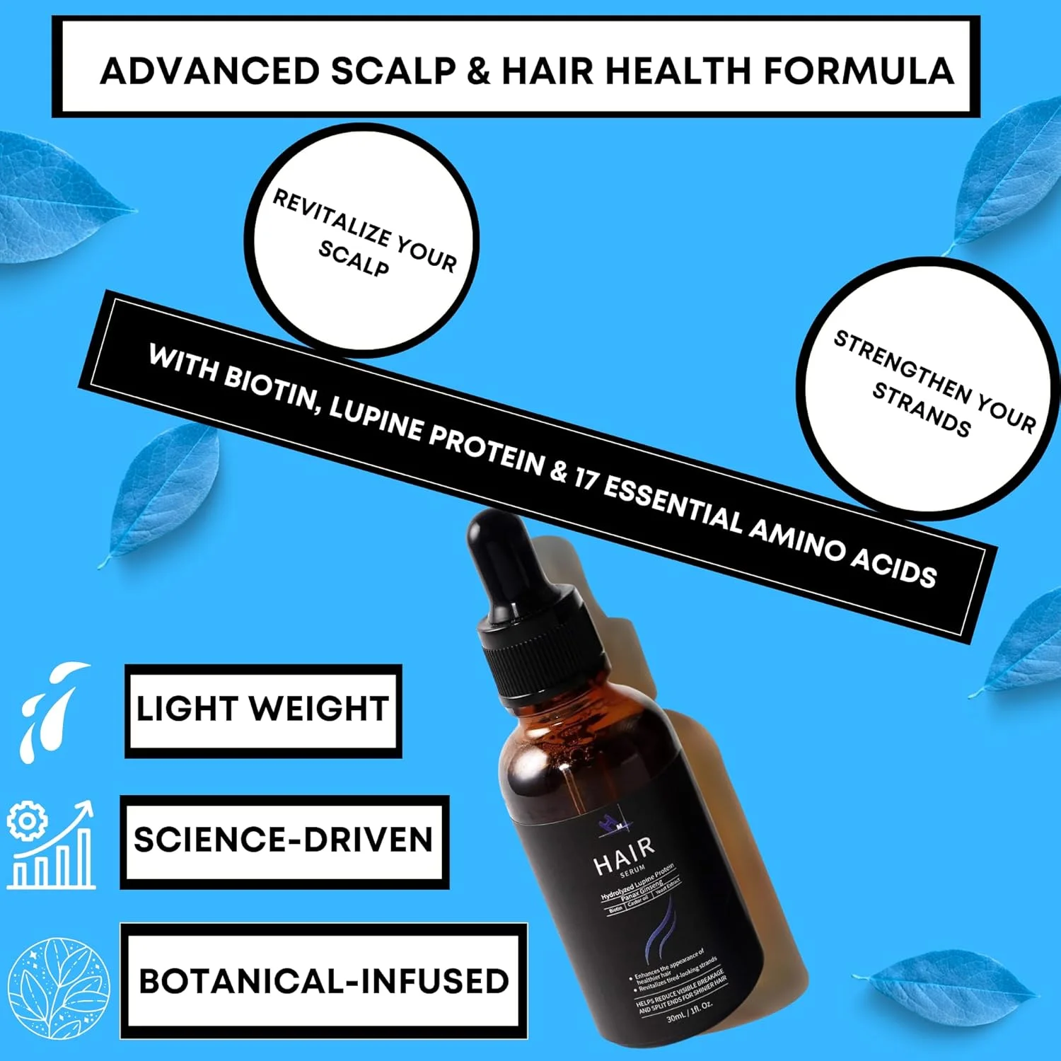 سرم رشد مو HM - فرمول گیاهی با بیوتین و آمینو اسیدها - تغذیه کننده پوست سر، تقویت کننده مو، افزایش درخشندگی - بدون نیاز به آبکشی برای موهای خشک و نازک - 30 میلی لیتر