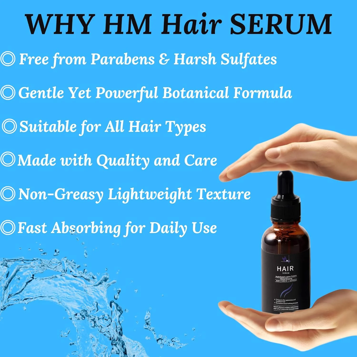 سرم رشد مو HM - فرمول گیاهی با بیوتین و آمینو اسیدها - تغذیه کننده پوست سر، تقویت کننده مو، افزایش درخشندگی - بدون نیاز به آبکشی برای موهای خشک و نازک - 30 میلی لیتر