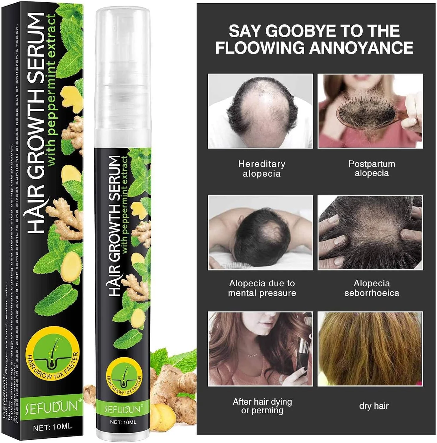 اسپری سرم اسانس رشد مو - سرم رشد مو 10 میلی لیتری حاوی عصاره نعناع فلفلی برای جلوگیری از طاسی، تقویت و تغذیه ریشه مو، ضد ریزش مو و رشد مجدد مو