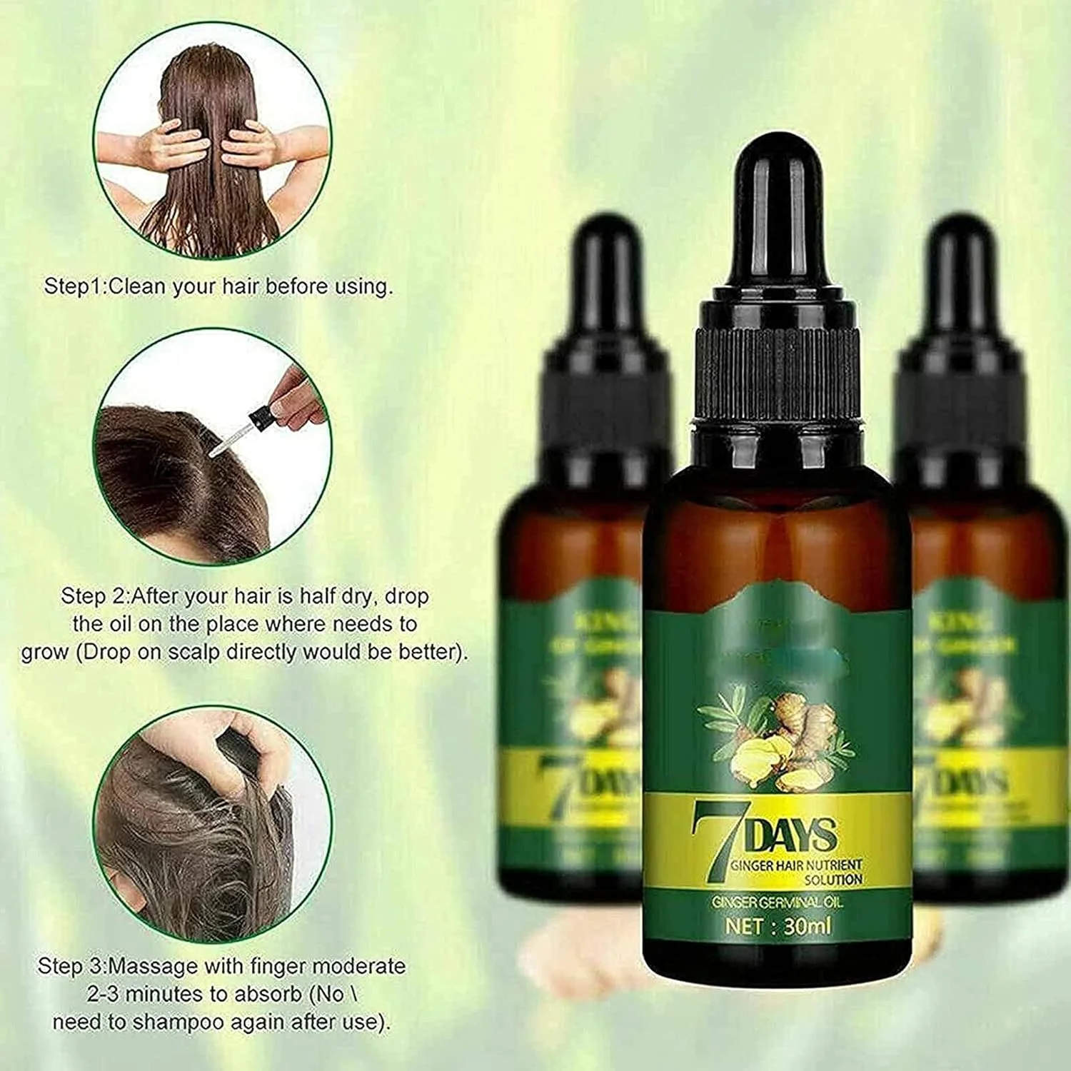 مجموعه 3 عددی روغن جوانه زنجبیل 7 روزه، سرم رشد مو زنجبیل، روغن رشد مو برای درمان نازک شدن مو، کمک به رشد فولیکول مو، تقویت رشد مجدد موهای ضخیم تر