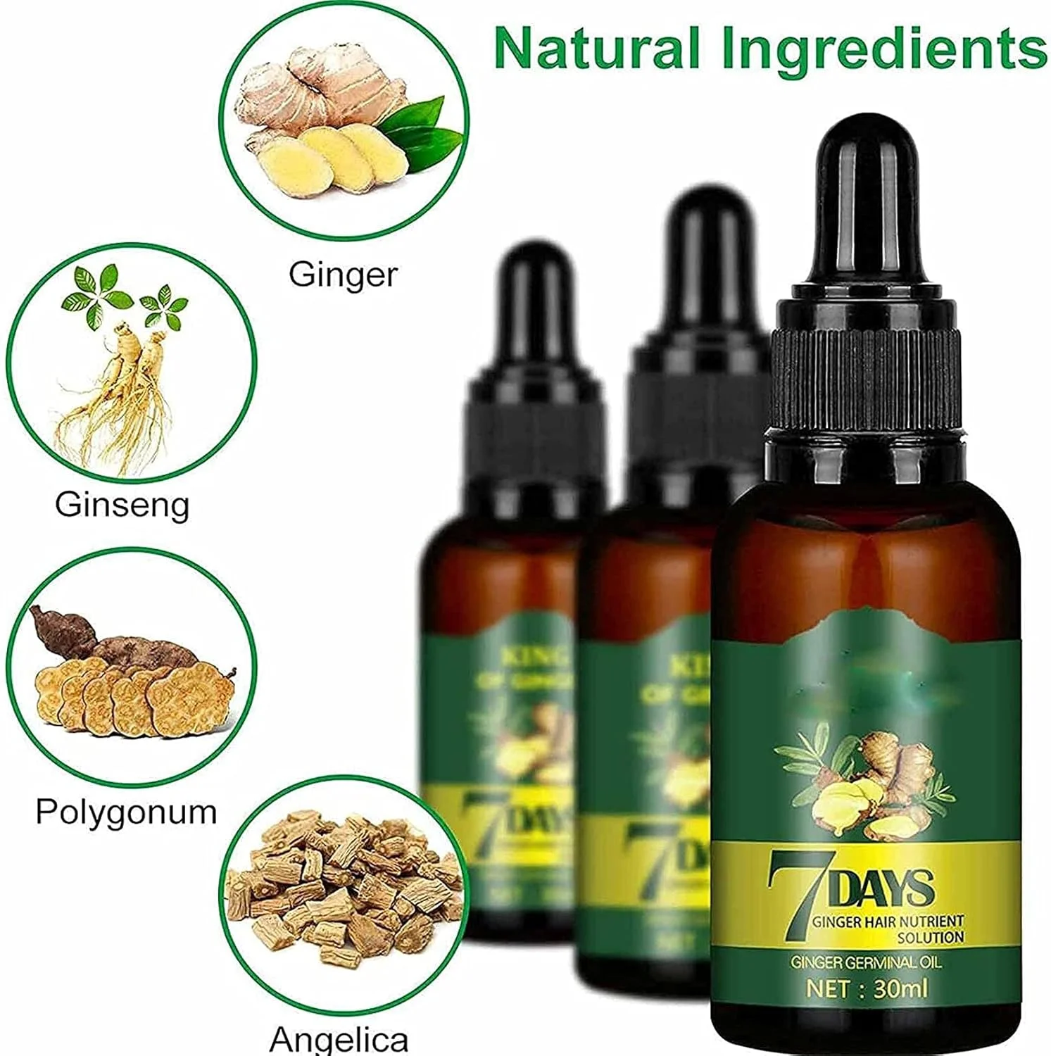 مجموعه 3 عددی روغن جوانه زنجبیل 7 روزه، سرم رشد مو زنجبیل، روغن رشد مو برای درمان نازک شدن مو، کمک به رشد فولیکول مو، تقویت رشد مجدد موهای ضخیم تر