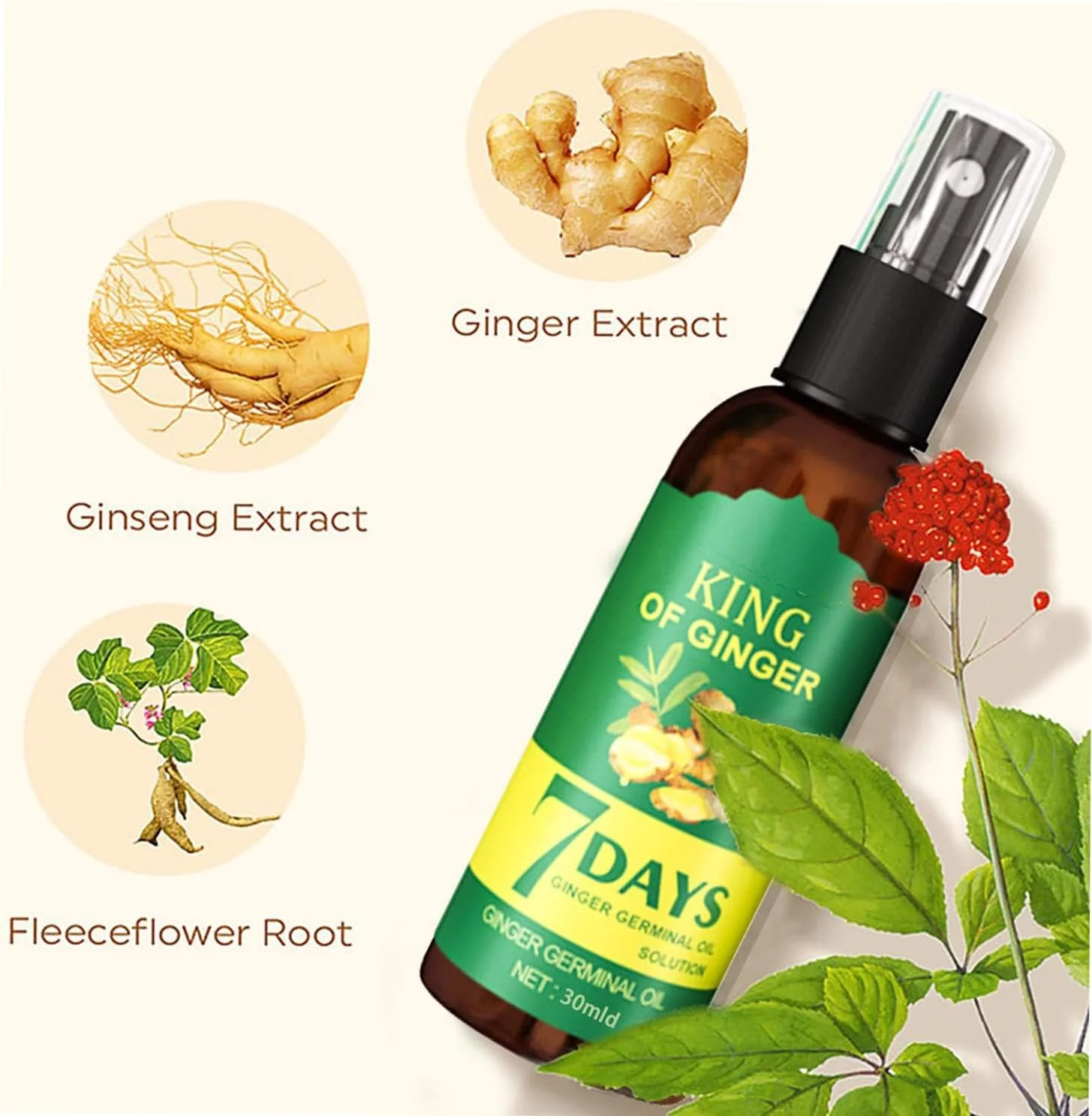 اسپری روغن رشد مو زنجبیلی 7 روزه، سرم جوانه زننده، پشتیبانی از سلامت مو، روغن رشد مو برای درمان نازک شدن مو برای زنان و مردان 30 میلی لیتر