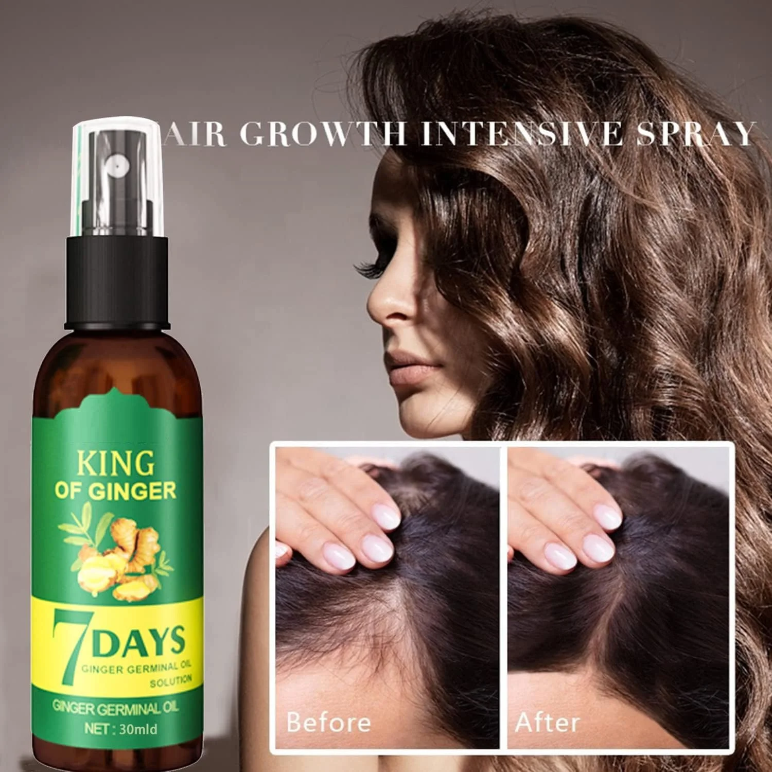 اسپری روغن رشد مو زنجبیلی 7 روزه، سرم جوانه زننده، پشتیبانی از سلامت مو، روغن رشد مو برای درمان نازک شدن مو برای زنان و مردان 30 میلی لیتر