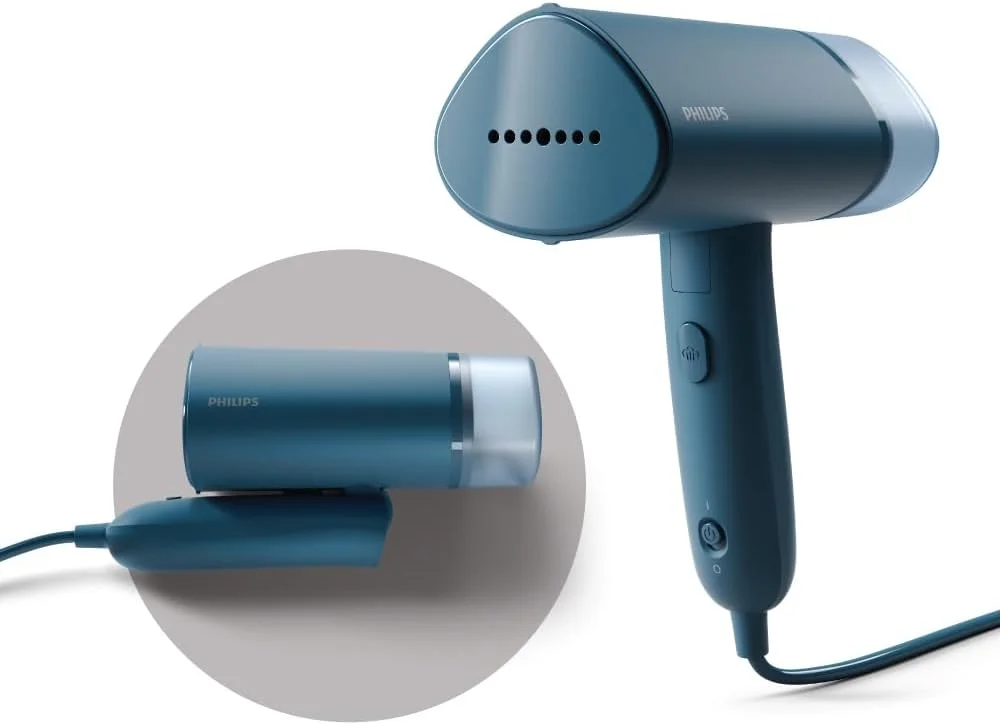 بخارگر دستی لباس فیلیپس مدل STH3000/20 - جمع و جور و تاشو، اتوکشی عمودی راحت، گرم شدن سریع 1000 واتی، تا 20 گرم در دقیقه، از بین برنده 99.9% باکتری ها (آبی رنو)، کوچک