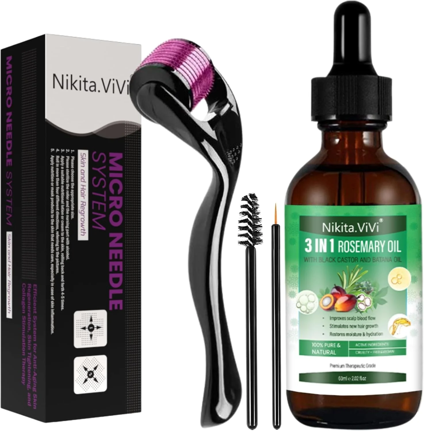 روغن رزماری، روغن کرچک سیاه و روغن باتانا 3 در 1 نیکیتا ویوی به همراه درمارولر 60 میلی لیتر، روغن موی ارگانیک برای رشد مو، روغن درمانی مو با پرس سرد برای سرم ماساژ پوست مو، رشد مجدد مژه و ابرو