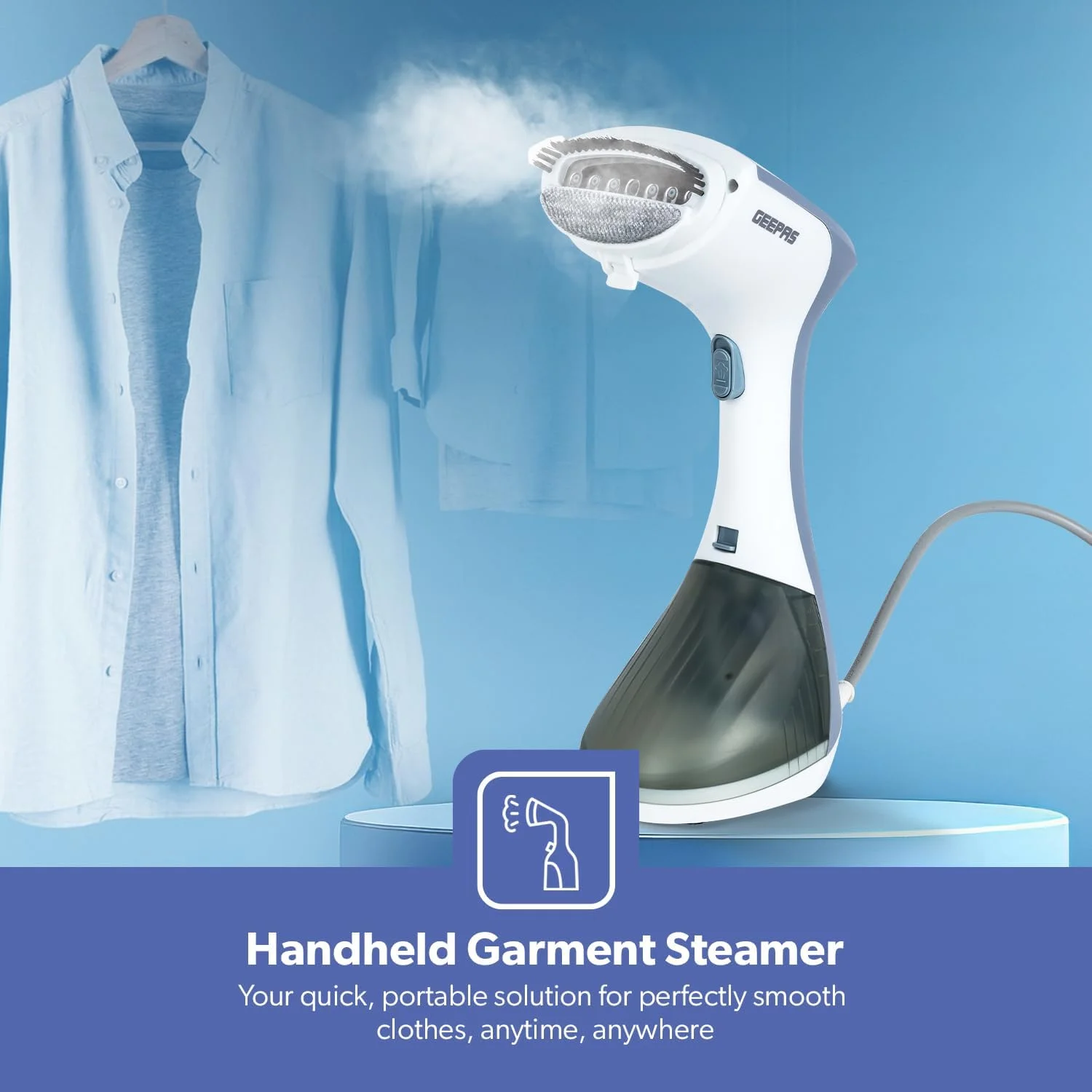 بخارگر دستی لباس جیپاس مدل GGS25043-GR، 1300 وات، استفاده آسان، صفحه استیل ضد زنگ، مناسب برای انواع پارچه و ایمن برای پارچه های ظریف، با گرمایش دو کاناله، اتو کشی عمودی