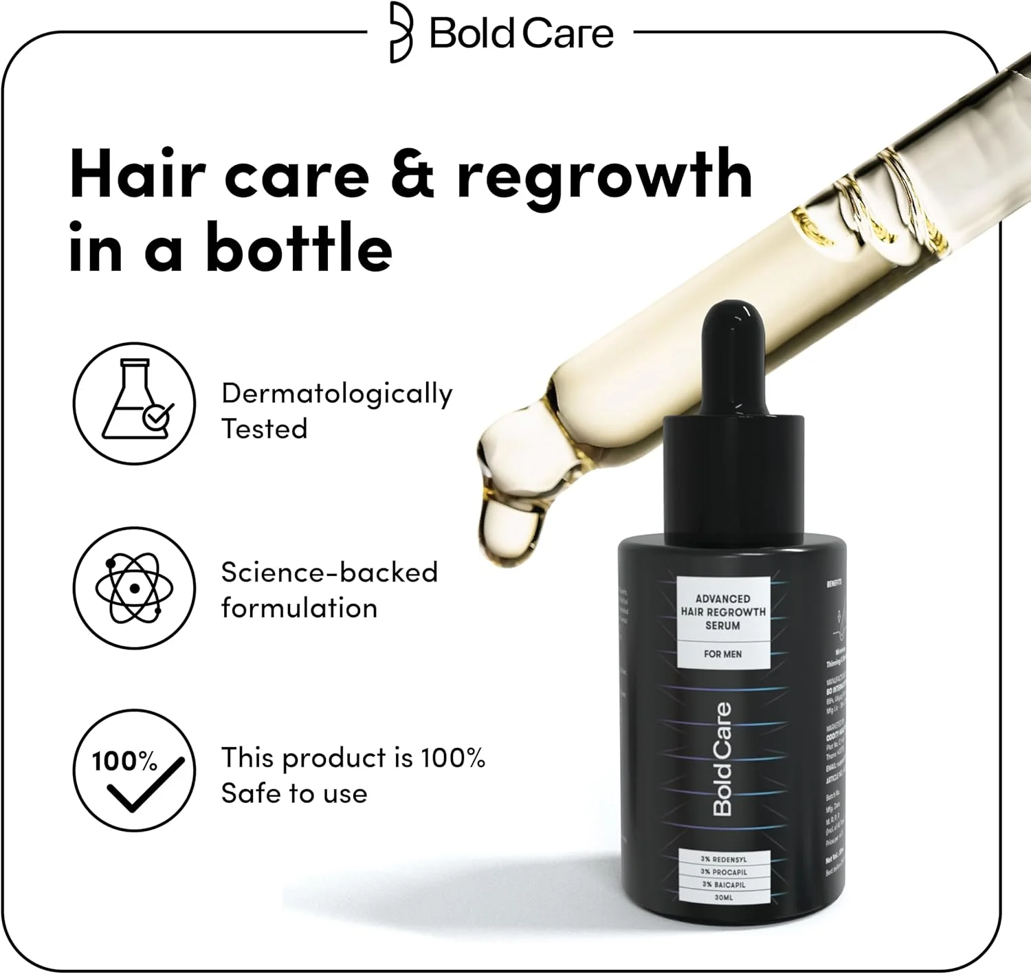 سرم پیشرفته رشد مو Bold Care برای آقایان (30 میلی لیتر) | حاوی 3% Redensyl، 3% Procapil و 3% Baicapil | هدف قرار دادن ریزش مو | تغذیه پوست سر با جایگزین طبیعی