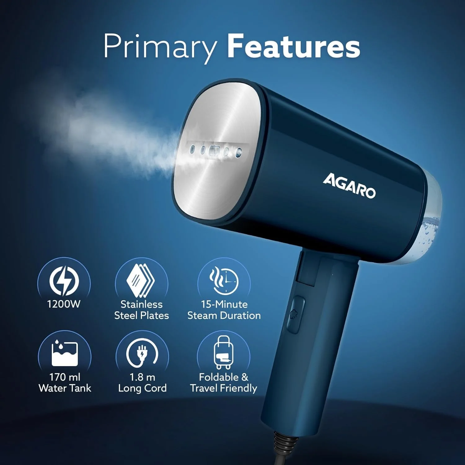 بخارگر دستی لباس آگارو مدل Elegant، استفاده افقی و عمودی، گرم شدن سریع، 1200 وات، مخزن آب 170 میلی لیتری، آبی، 1200 وات