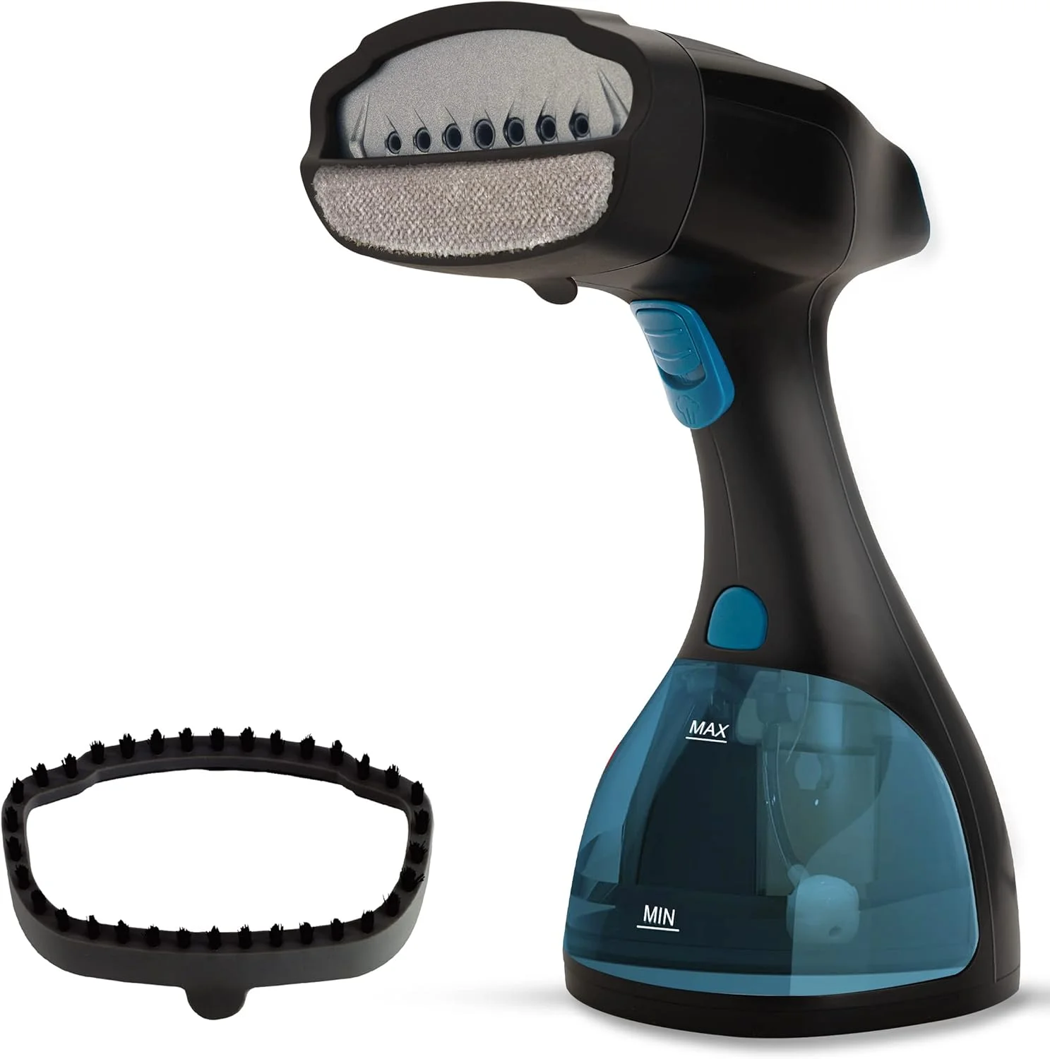 بخارگر دستی لباس آاگرو Signify، استفاده افقی و عمودی، از بین برنده چروک، اتو، گرم شدن سریع، نازل بخار سرامیکی، 1500 وات، مخزن آب 260 میلی لیتر، برس پارچه جداشدنی، برس پرزگیر، مشکی و آبی